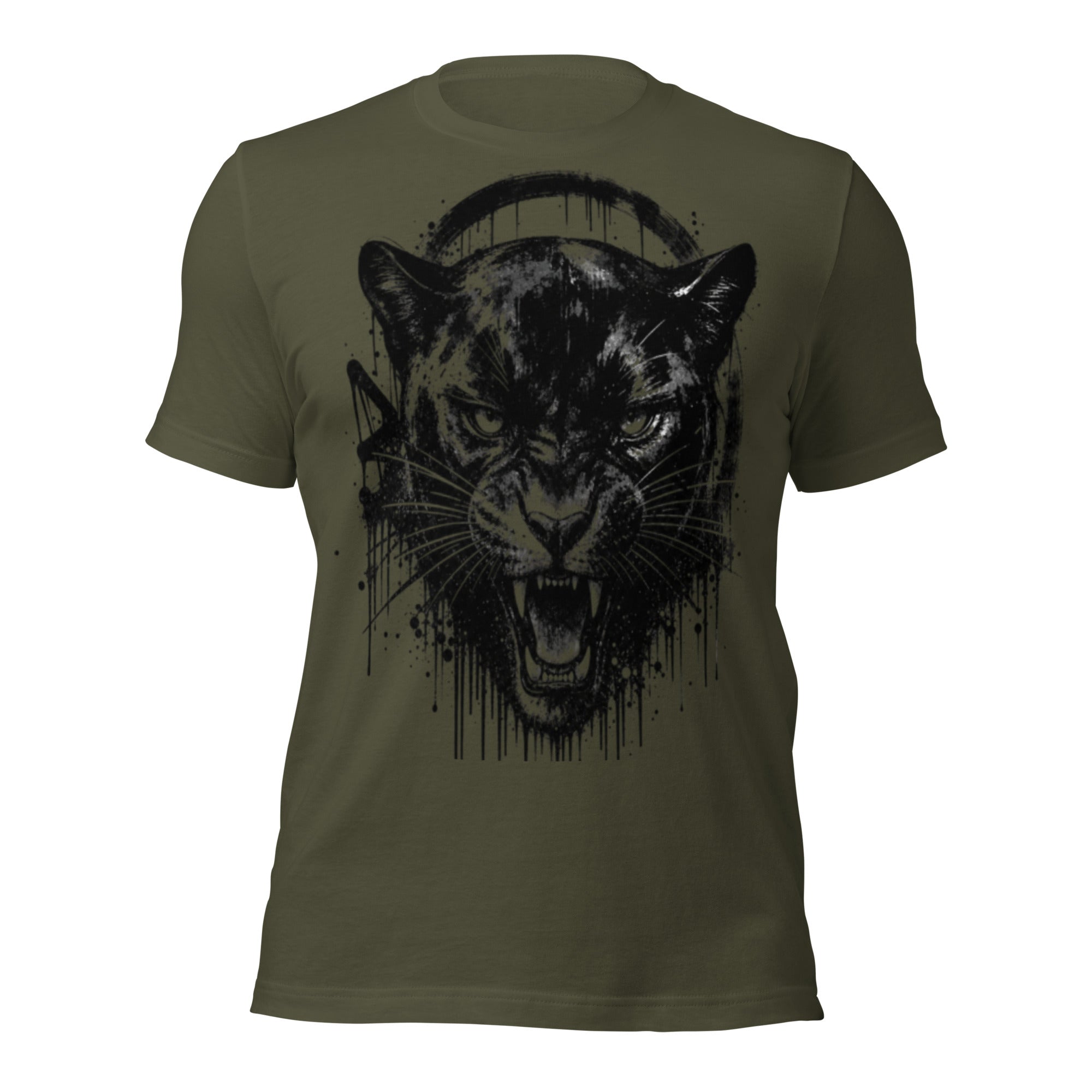 Military green unisex graphic T-shirt, roaring panther head ink splatter