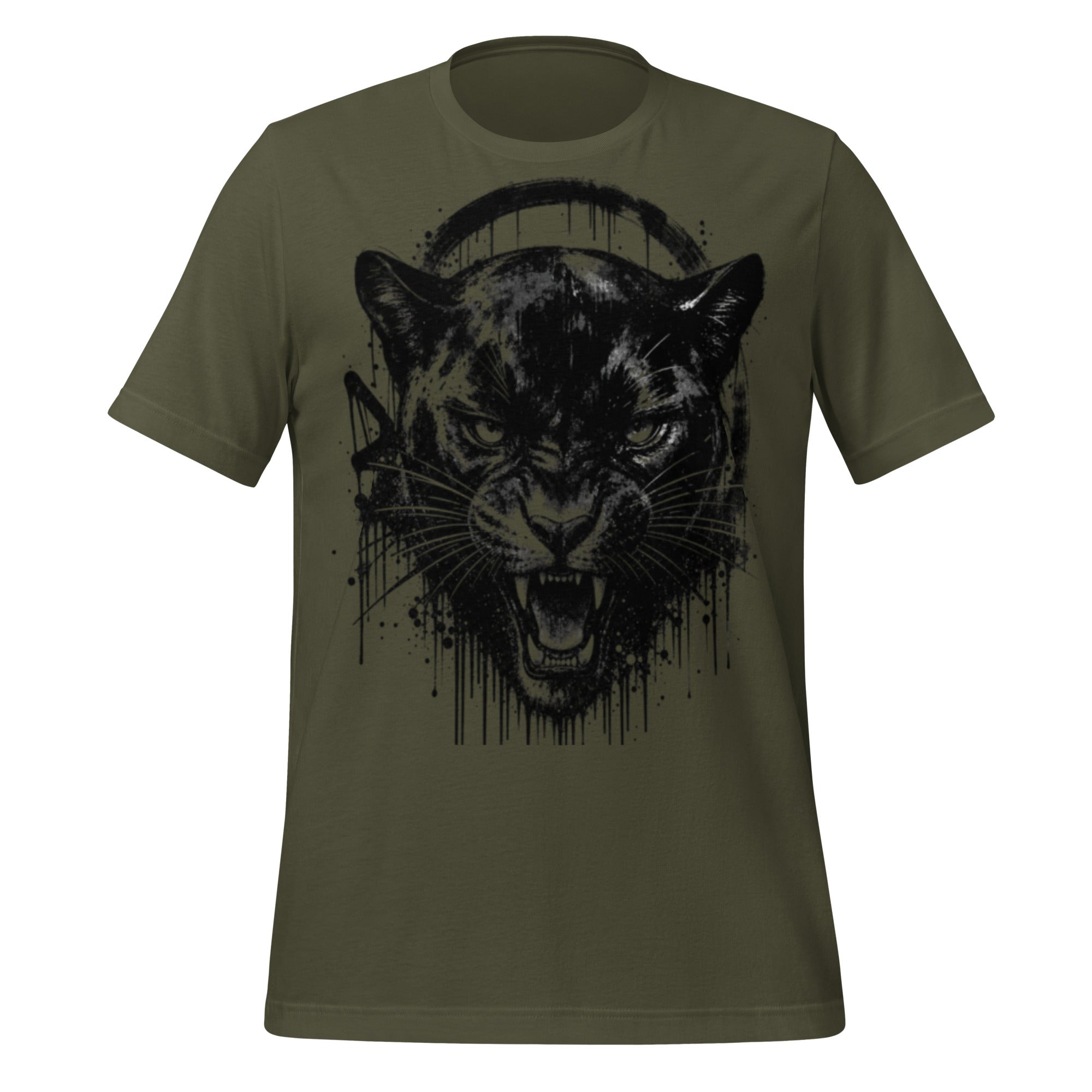 Unisex panther graffiti T-shirt, military green, front ink-splatter panther graphic.
