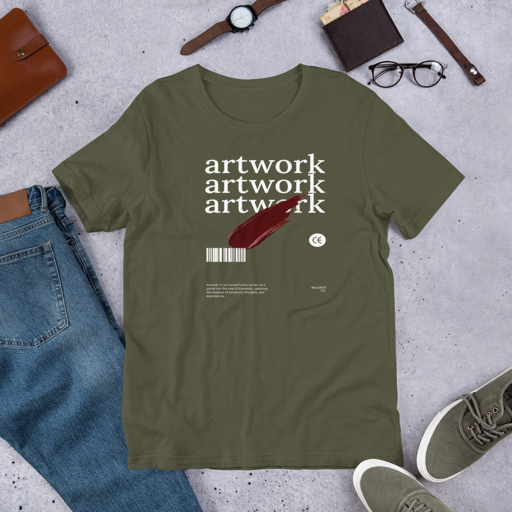 Military green graphic men's t-shirt with red swoosh and 'artwork' text on chest