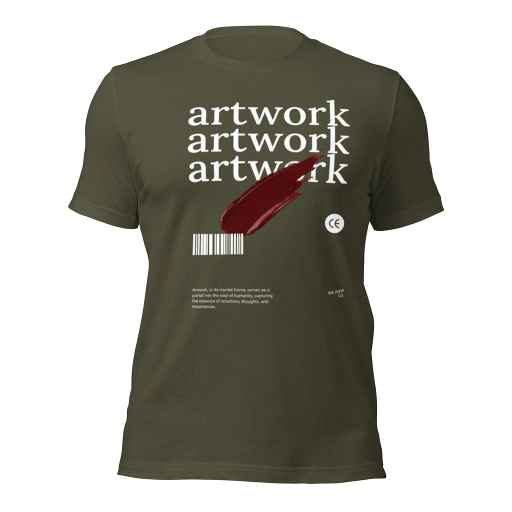 Unisex graphic T-shirt, military green, front view, white 'artwork' text and red barcode.
