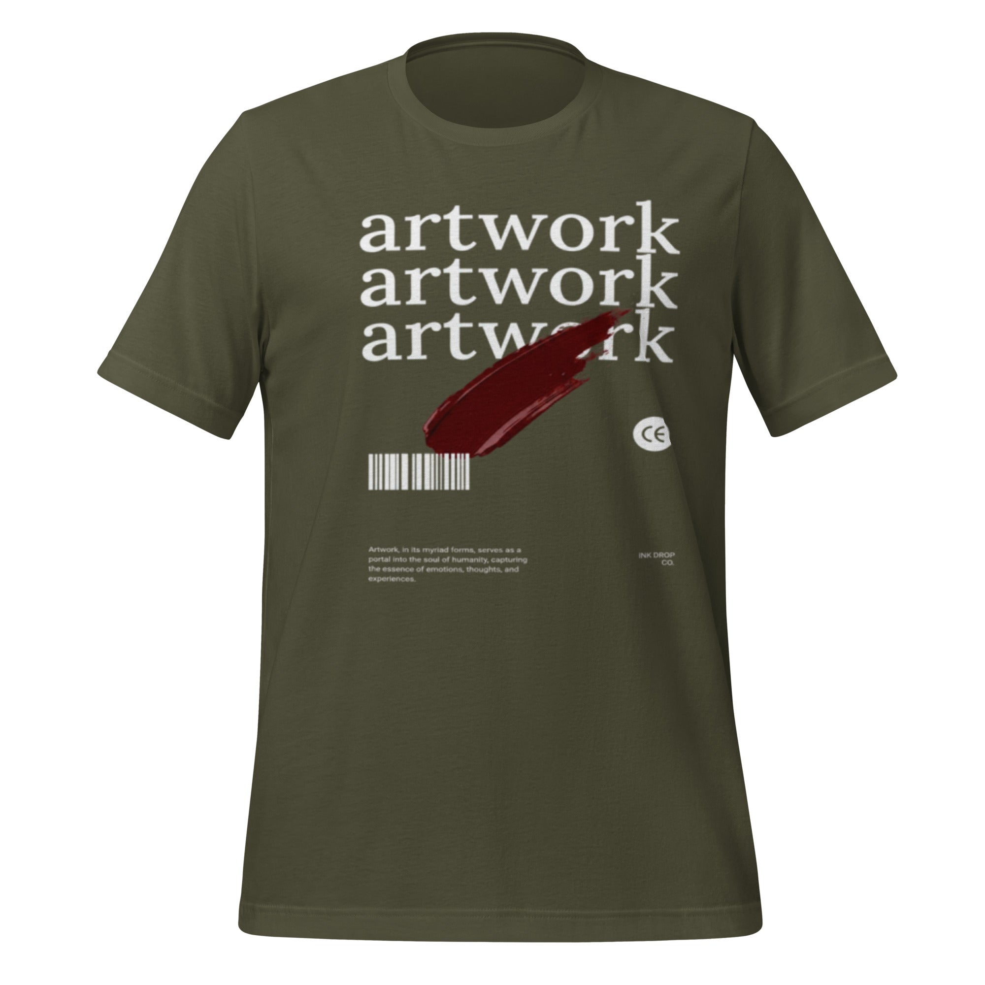Unisex graphic T-shirt in military green with artwork graphic and barcode on front.