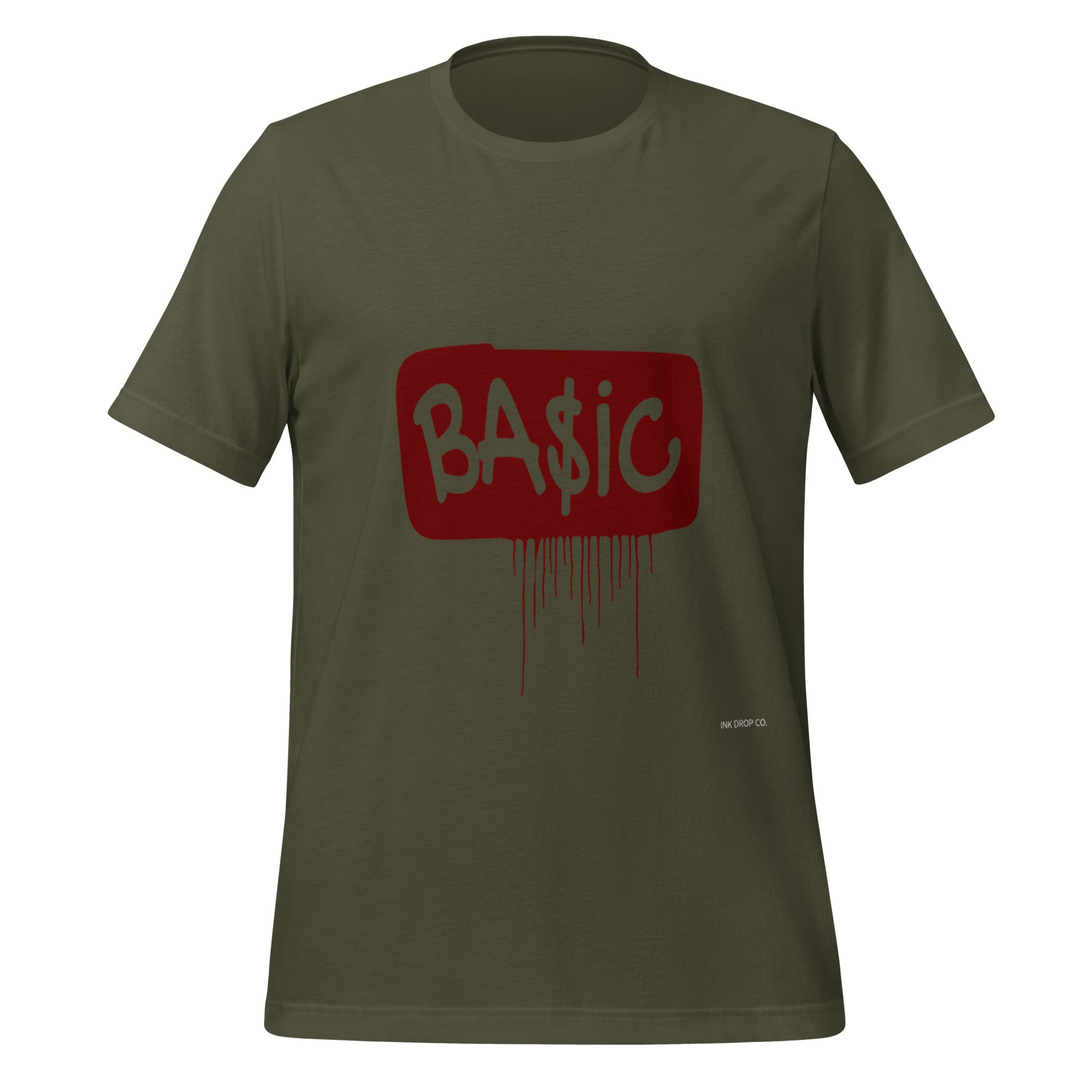Men's graphic T-shirt, military green, red BA$IC logo with drip design on front.