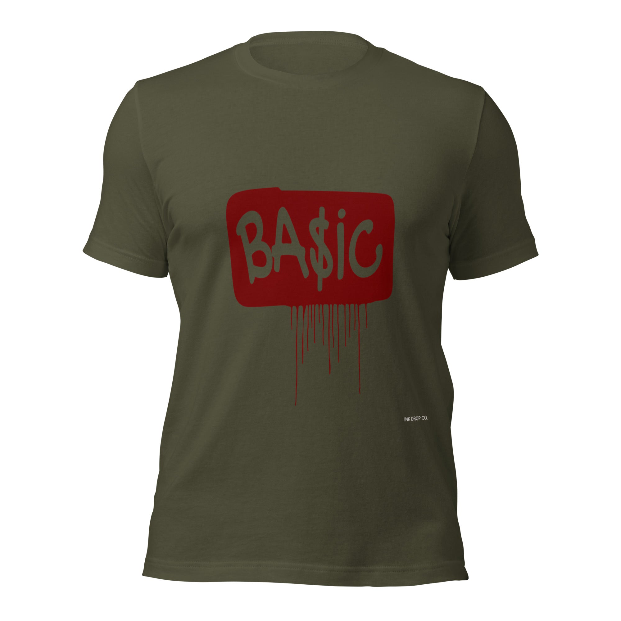 Military green women’s graphic t-shirt with red BA$ic logo and drips