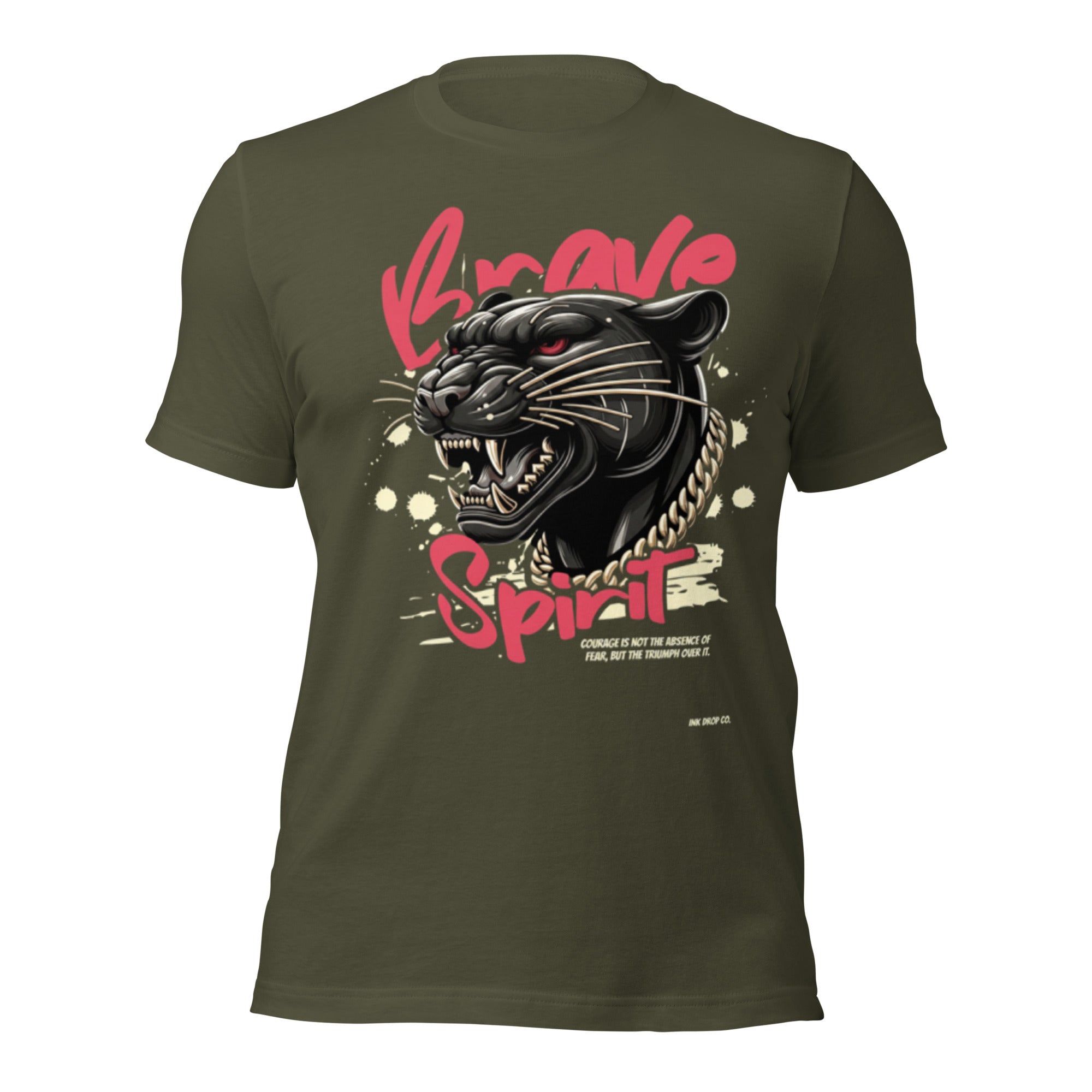 Women's military green graphic t-shirt with panther head and 'Spirit' print