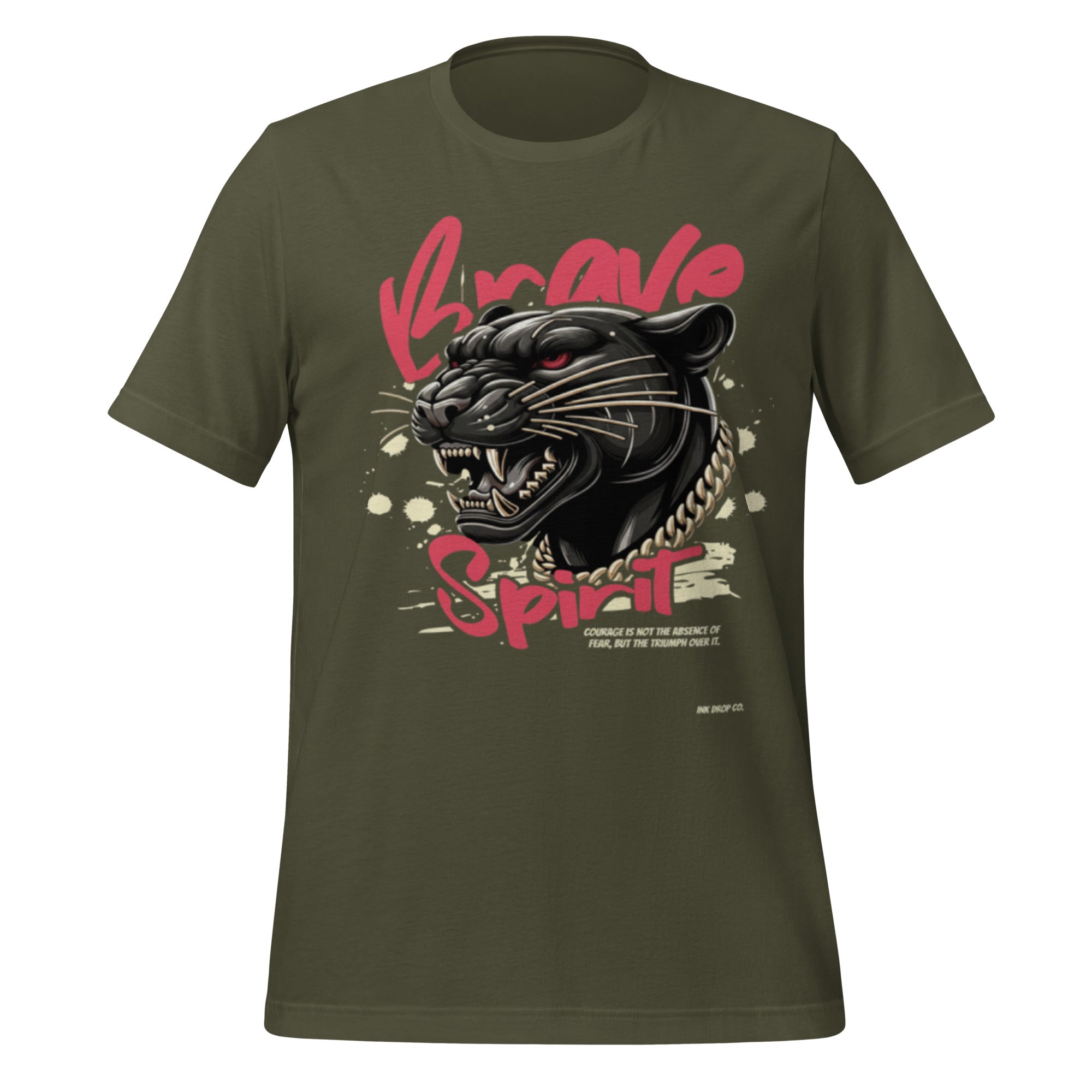 Military green unisex graphic T-shirt, big cat head with pink “Brave Spirit”