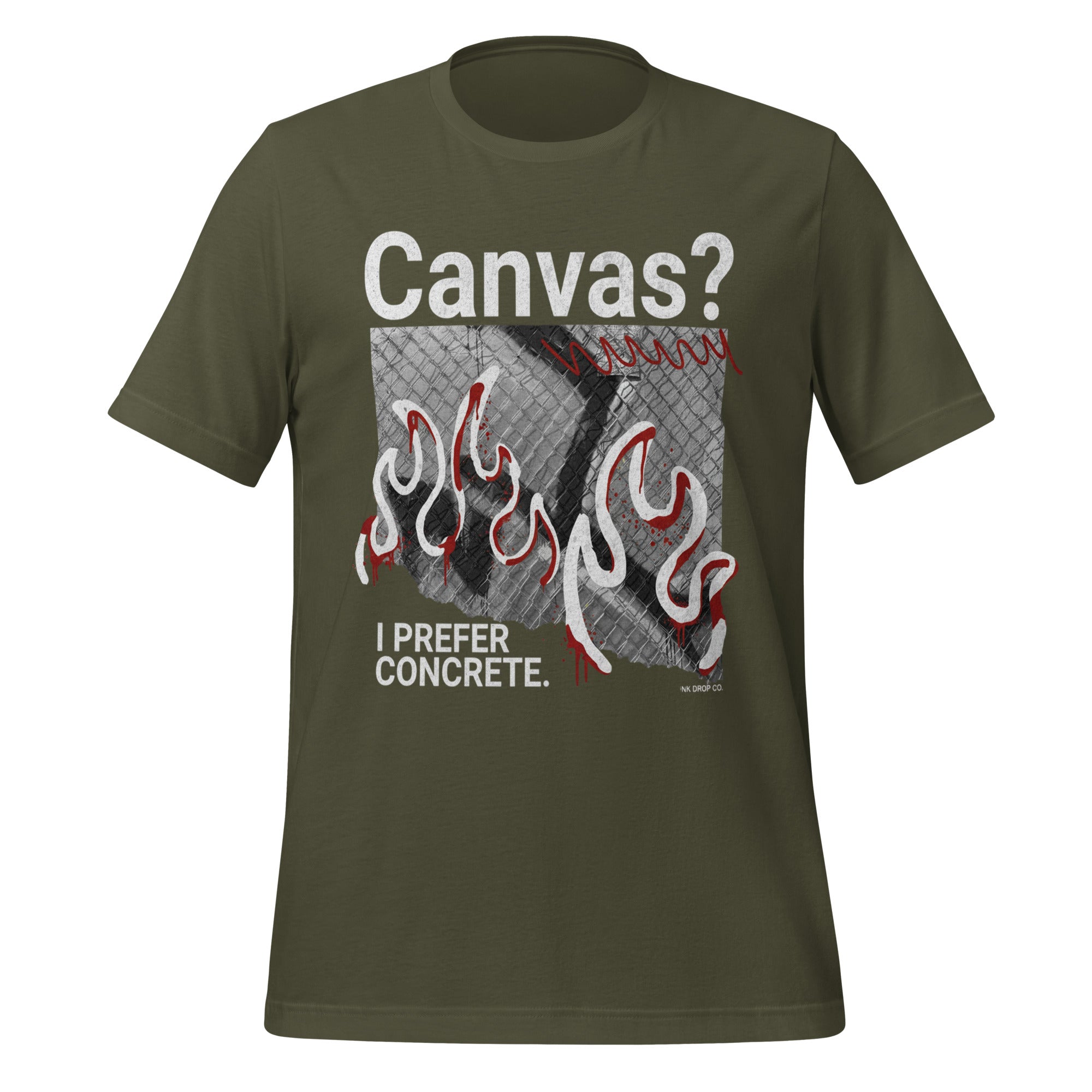 Men's graphic T-shirt, military green, front print with “Canvas?” and flames