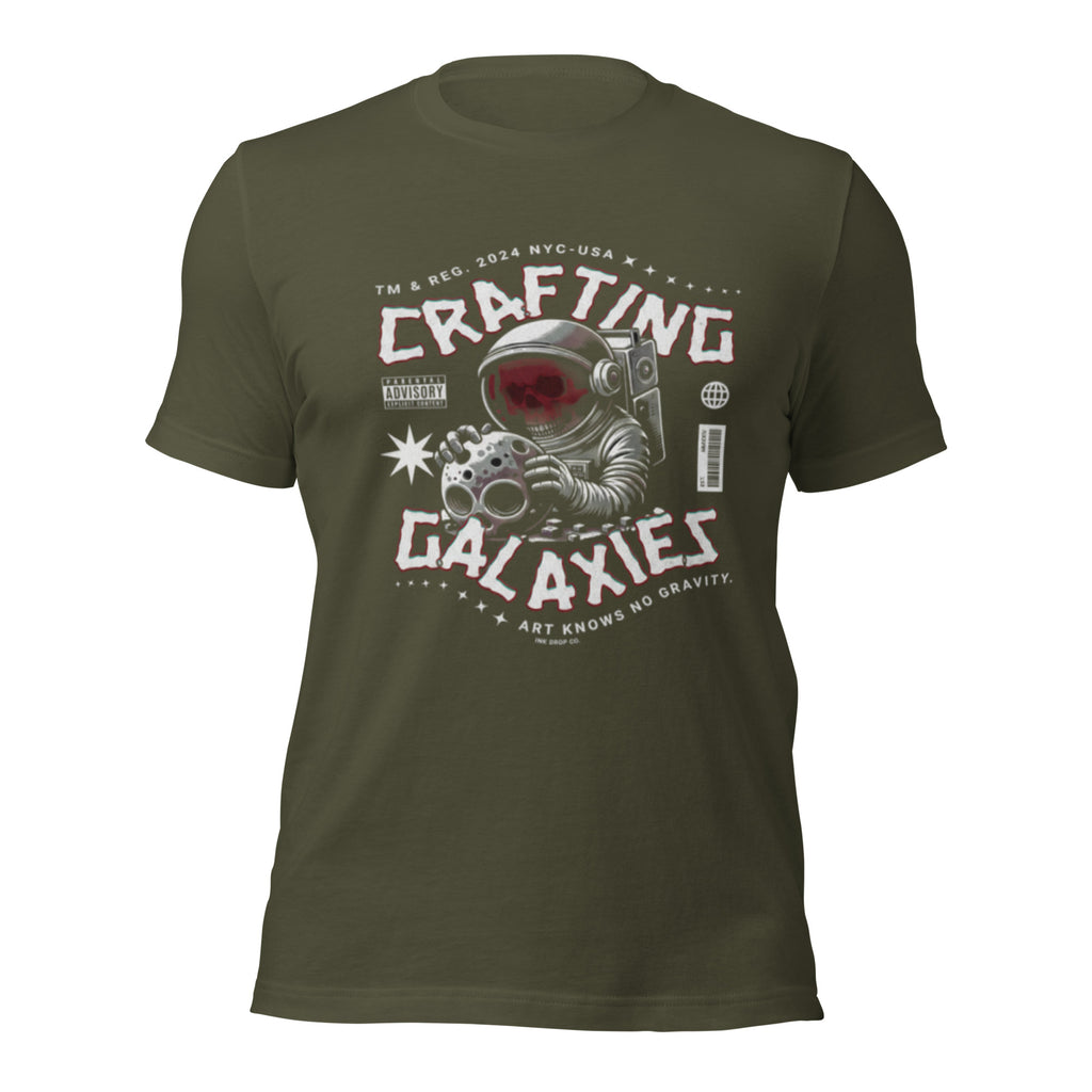 Unisex graphic T-shirt in dark olive green, front space-themed logo print