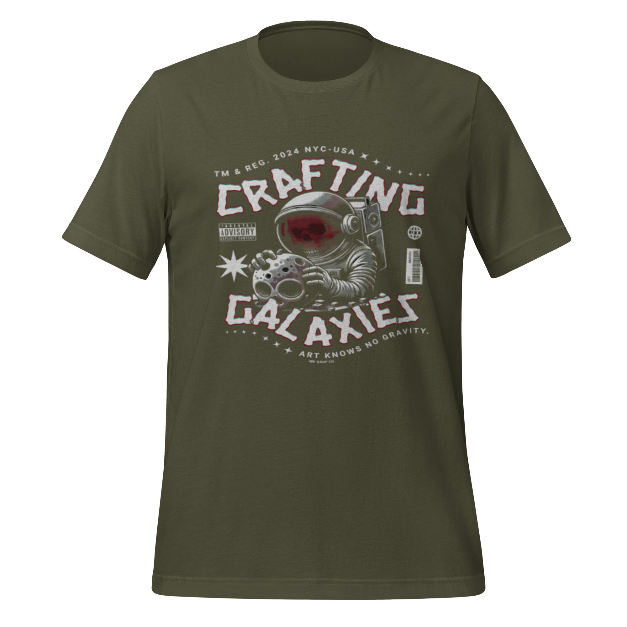 Unisex graphic T-shirt in military green, front 'CRAFTING GALAXIES' space logo