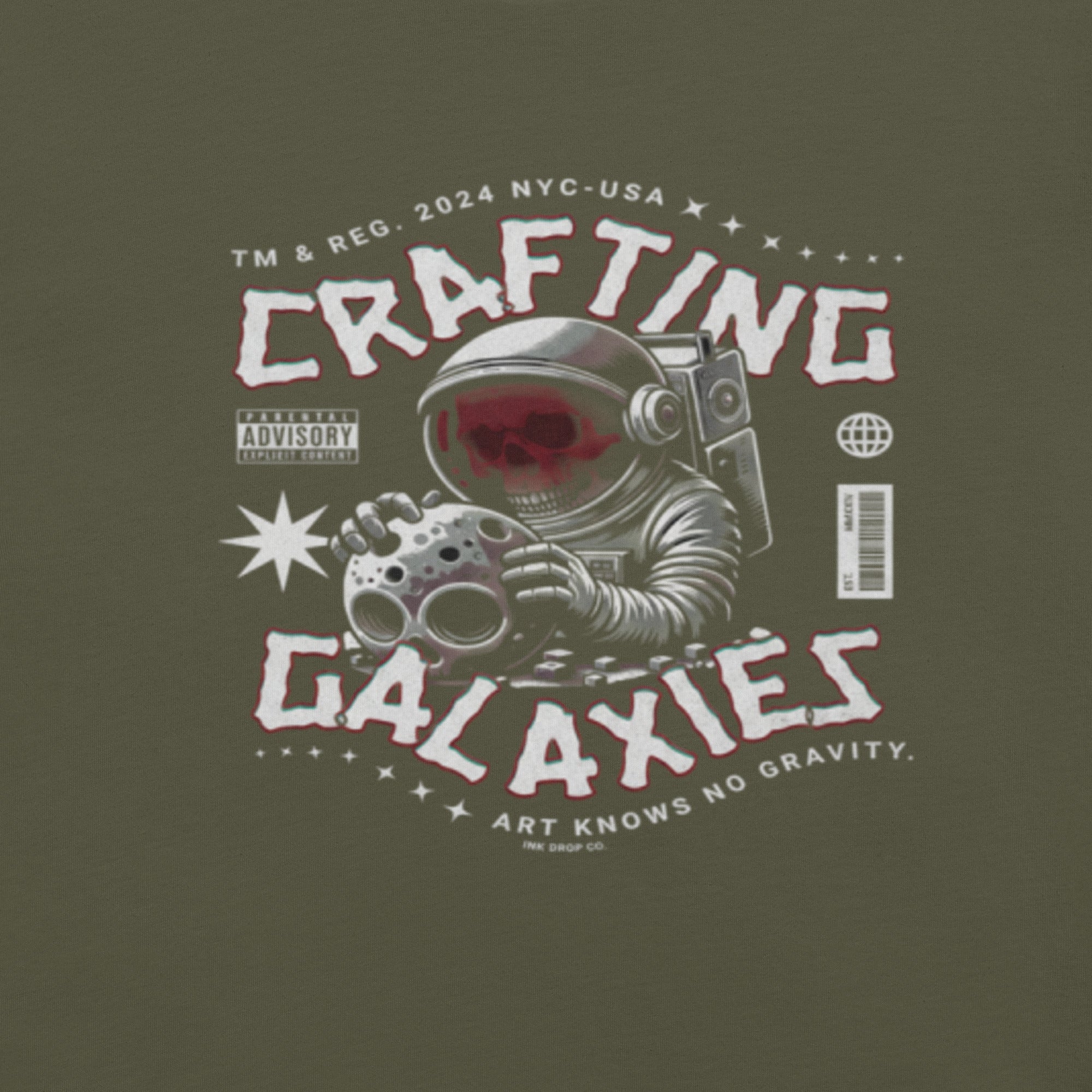 Military green graphic T-shirt with astronaut and galaxy logo print