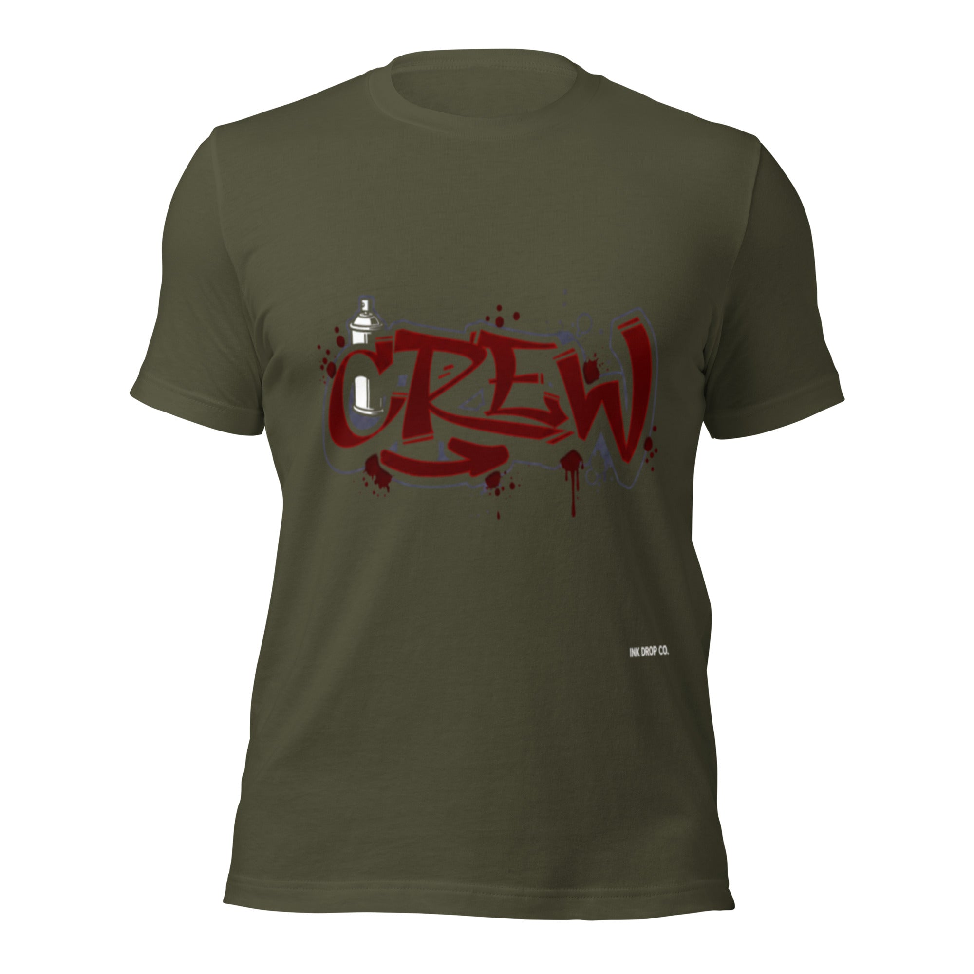 Women's crew-neck t-shirt, dark olive green, red graffiti-style front graphic