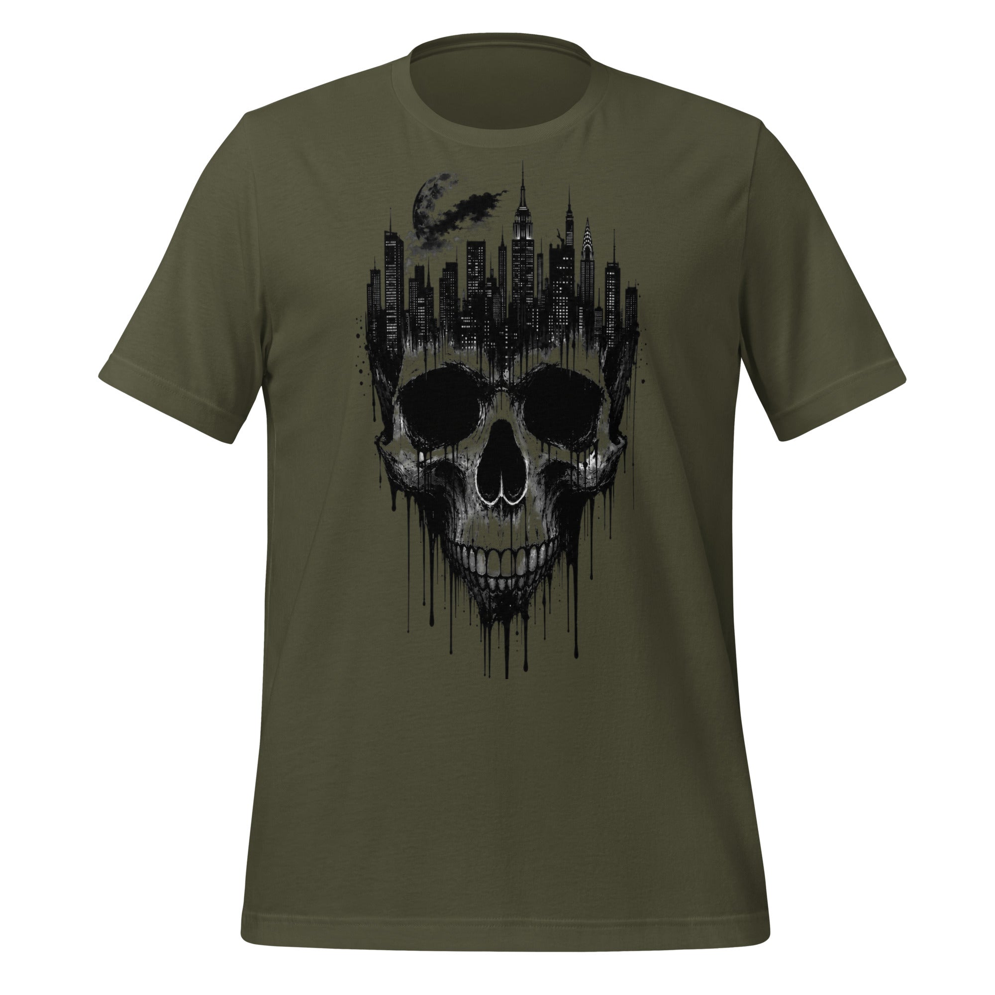 Military green men's graphic T-shirt with skull and city skyline front print