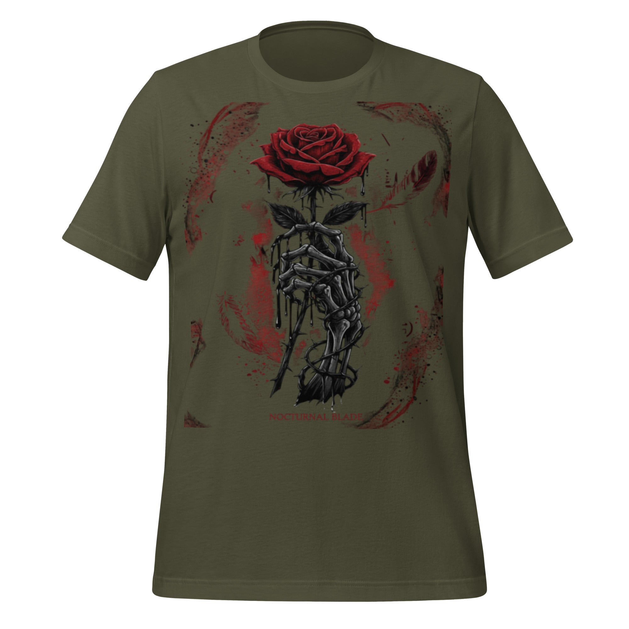 Unisex graphic T-shirt in military green with red rose and blade figure print, crew neck