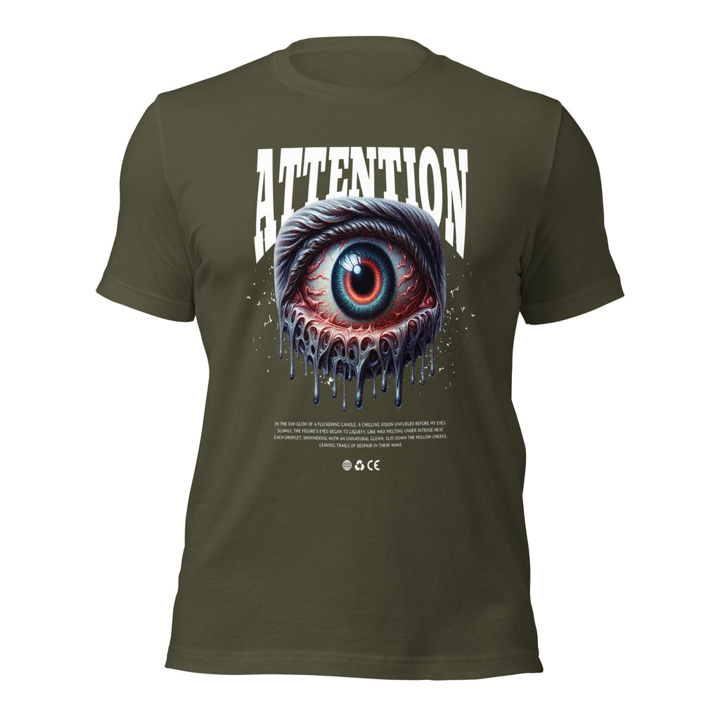 Unisex graphic T-shirt, olive green, front eye graphic with drips and ATTENTION text