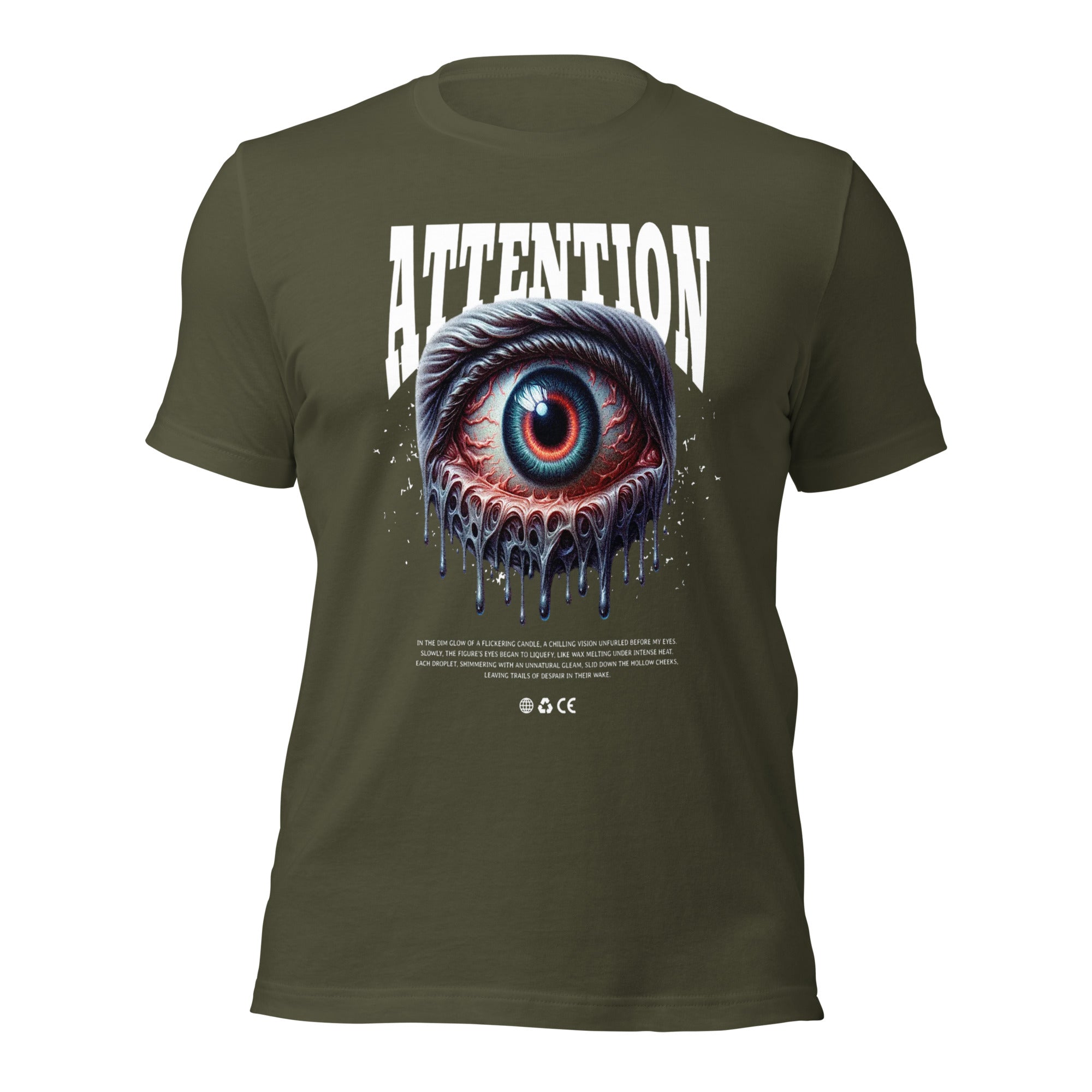 Unisex graphic T-shirt, olive green, front eye graphic with drips and ATTENTION text