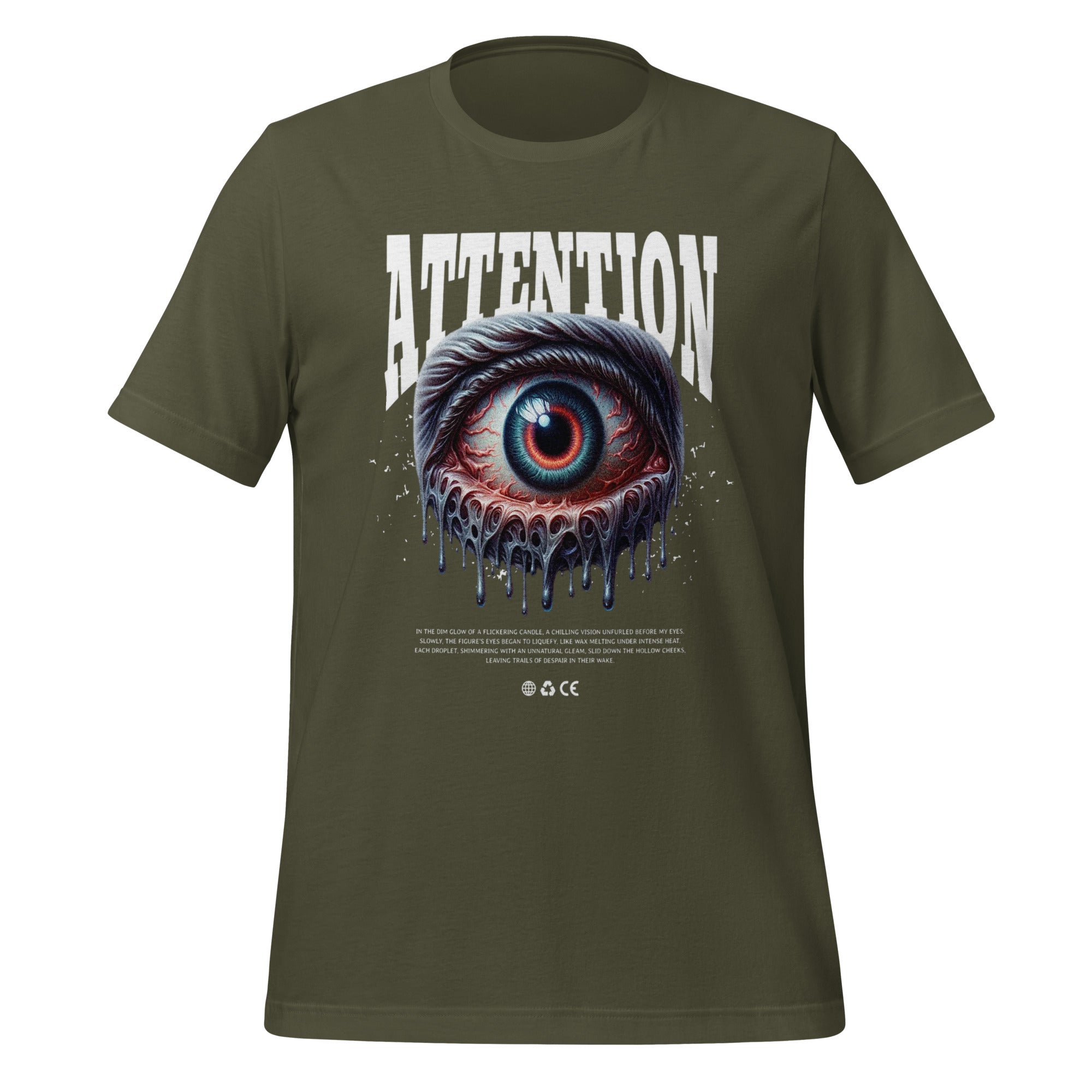 Military green unisex graphic T-shirt with centered ATTENTION eye artwork