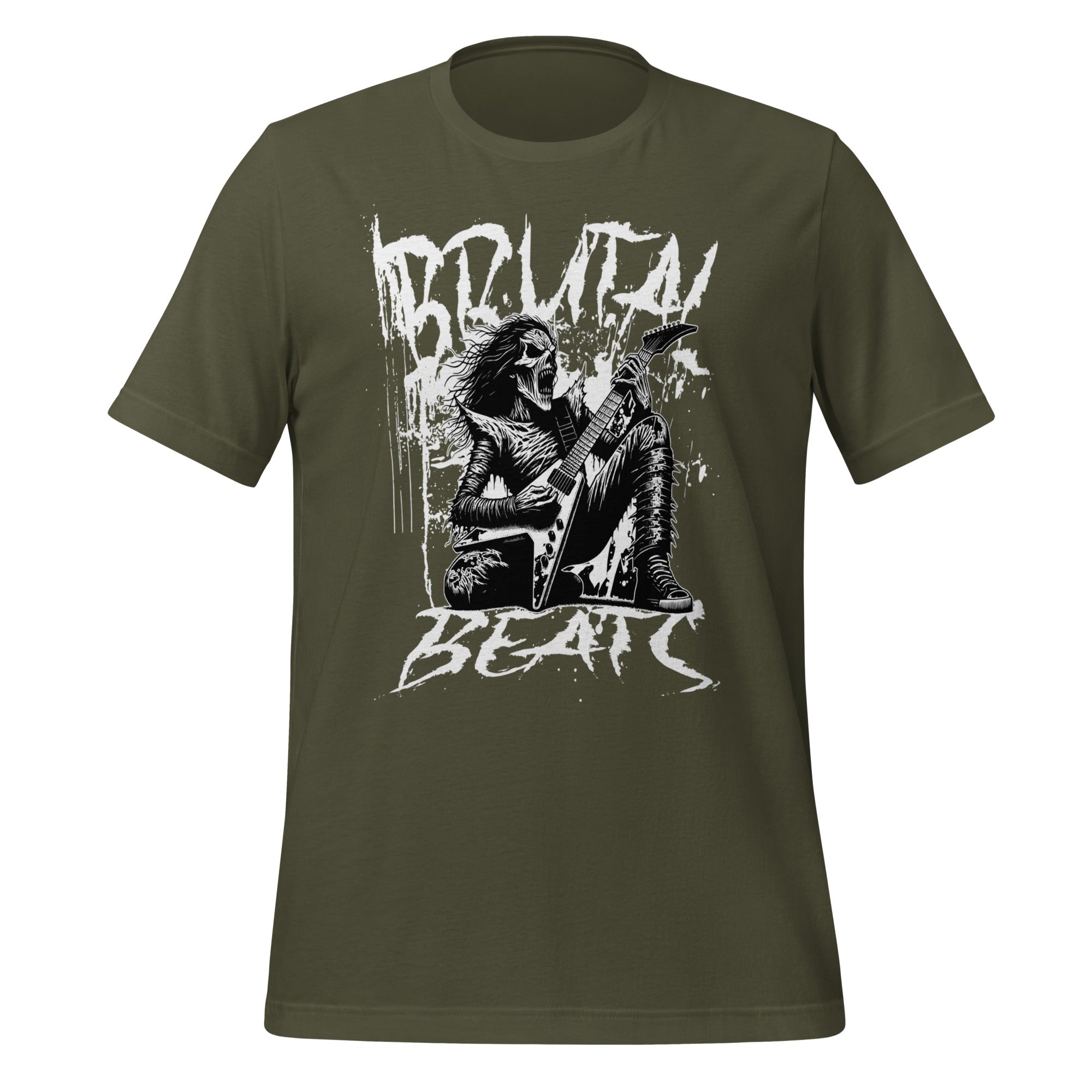 Men's graphic T-shirt, military green, front print with guitar and skull design