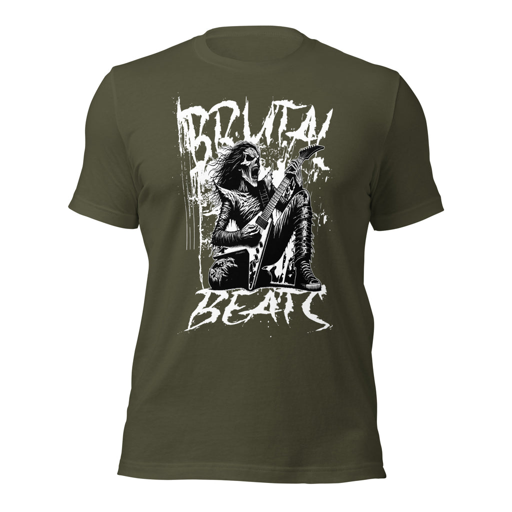 Unisex graphic T-shirt in military green with white front guitar artwork