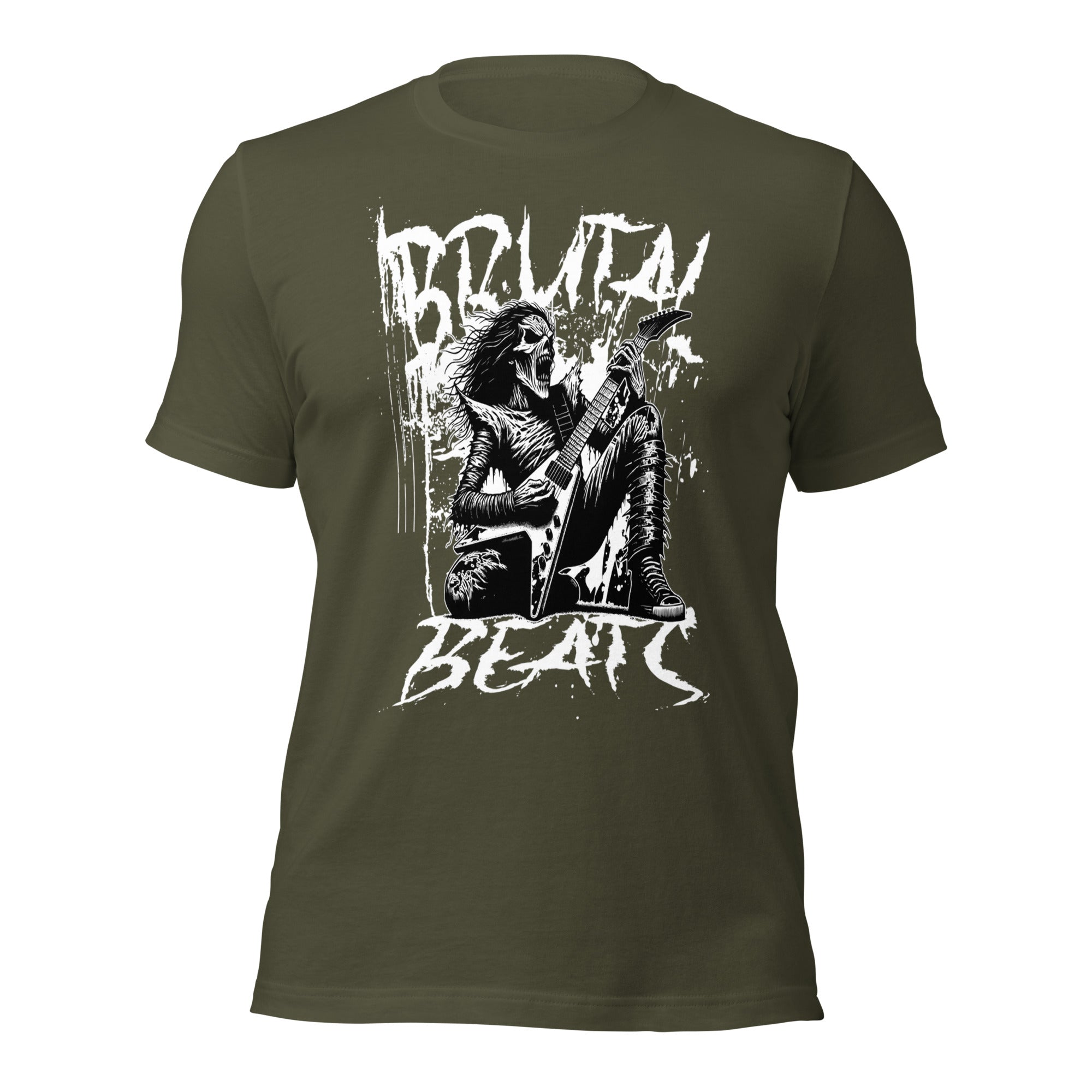 Unisex graphic T-shirt in military green with white front guitar artwork