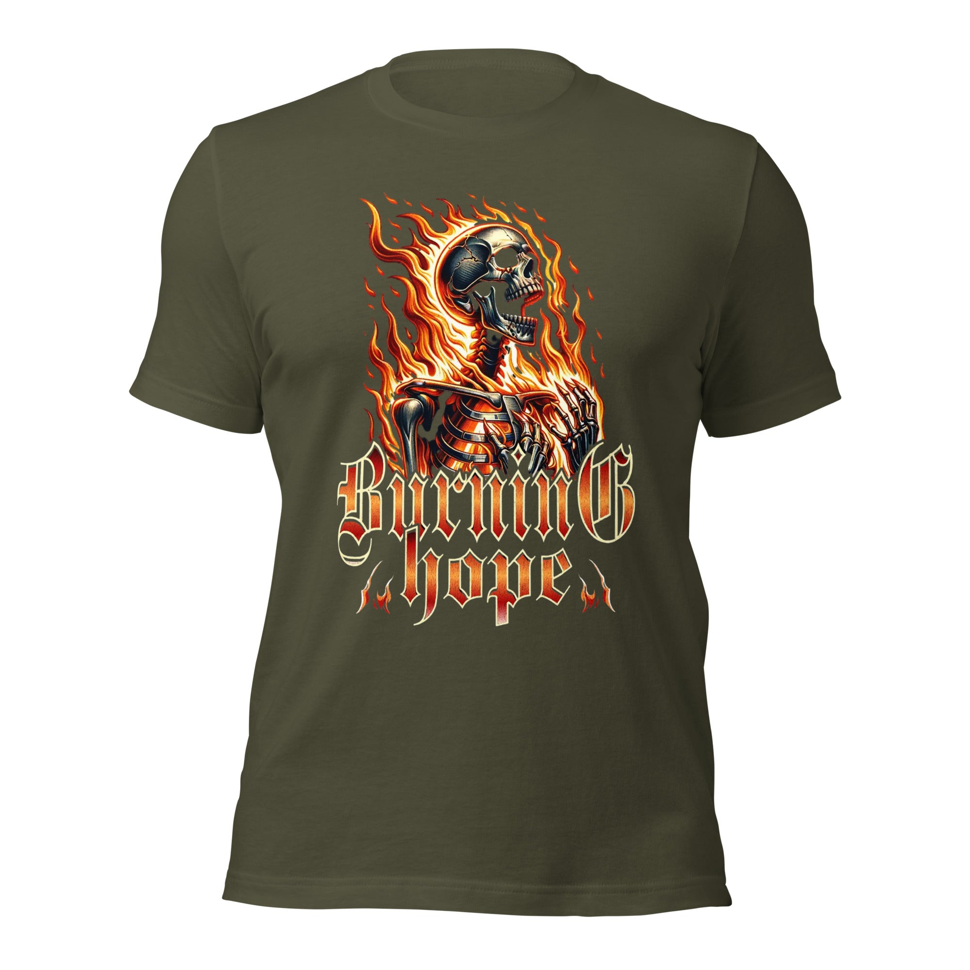 Unisex graphic T-shirt, military green, front view with flaming skull artwork