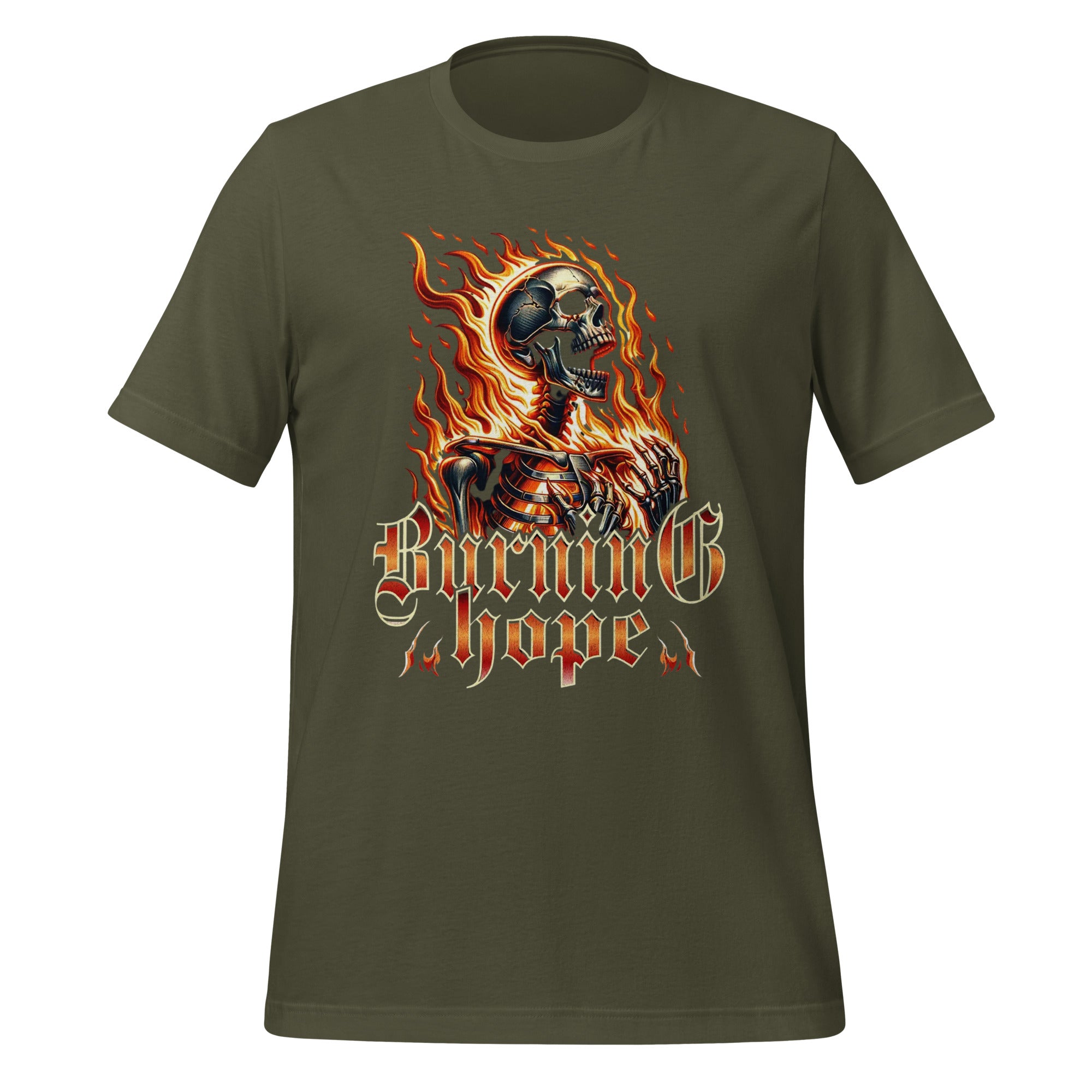 Military green unisex graphic T-shirt with flaming skull and 'Burning Hope' front print