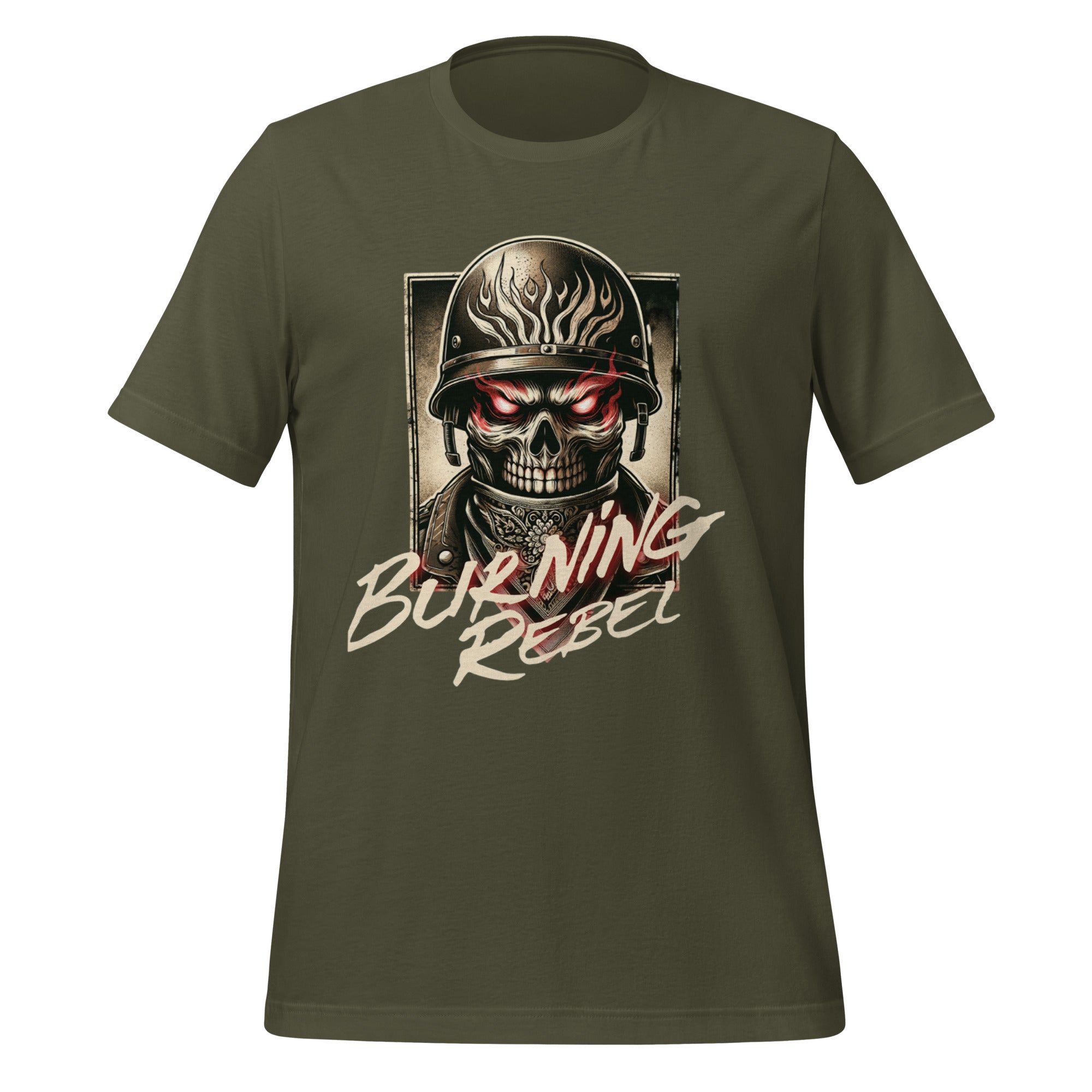 Military green men's graphic t-shirt with skull helmet and 'Burning Rebel' front print