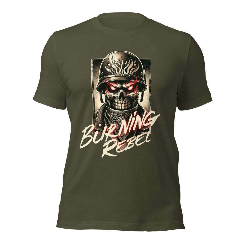Military green unisex graphic T-shirt with skull helmet 'Burning Rebel' front print