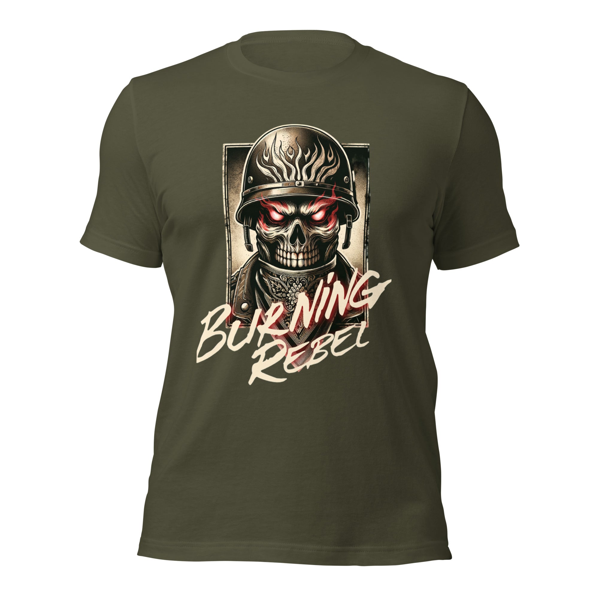 Military green unisex graphic T-shirt with skull helmet 'Burning Rebel' front print