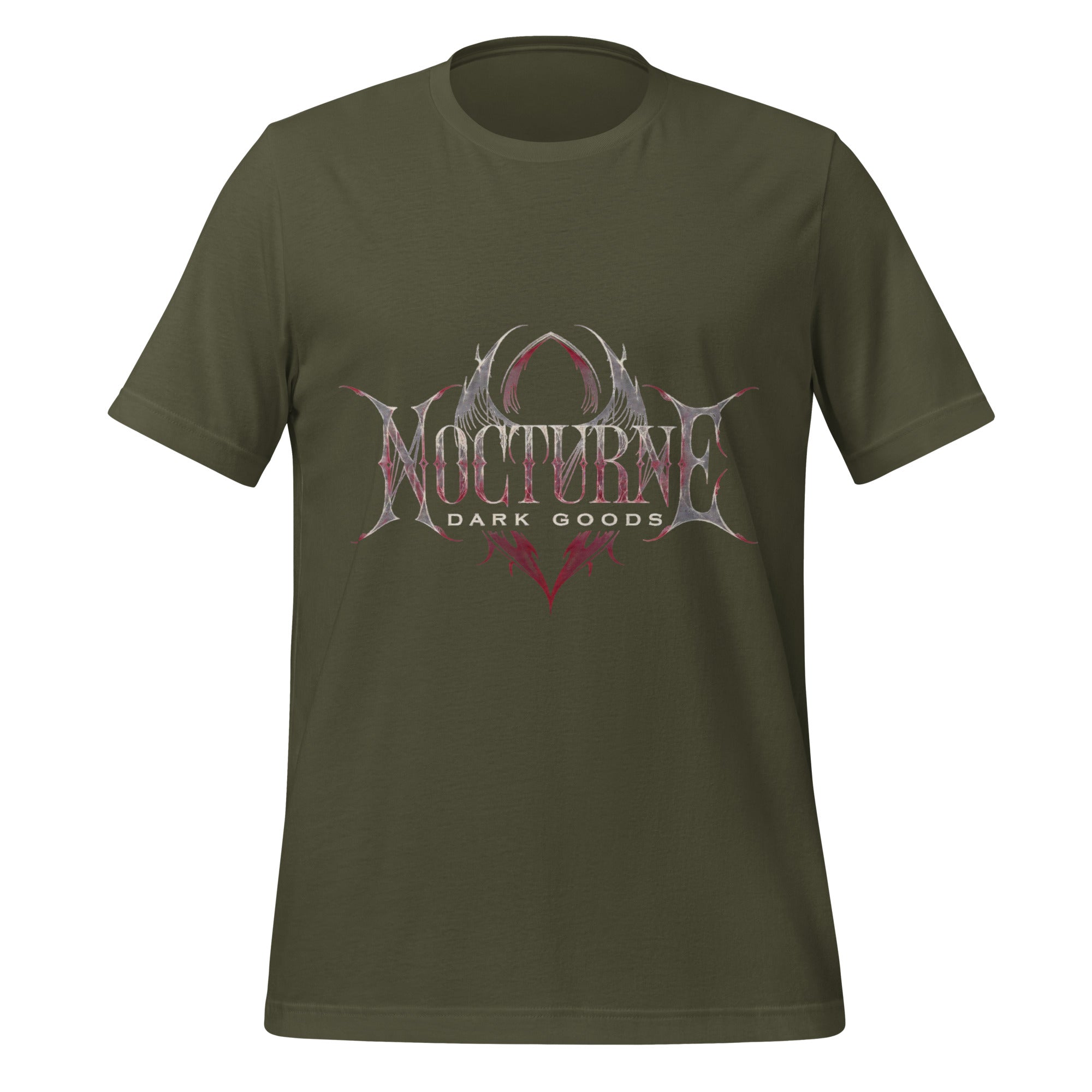 Men's military green graphic t-shirt with Nocturne Dark Goods chest logo