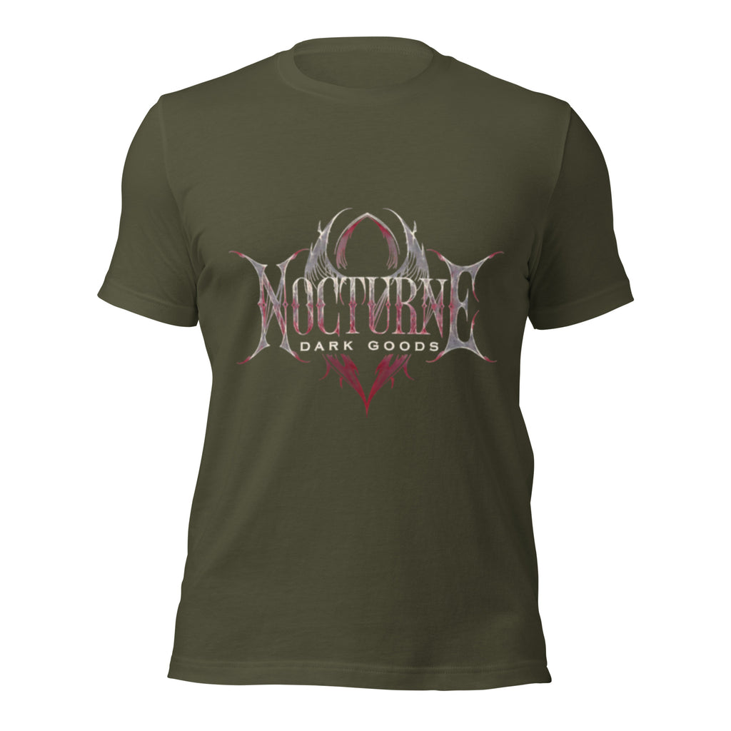 Military green unisex graphic T-shirt, front print with gothic emblem