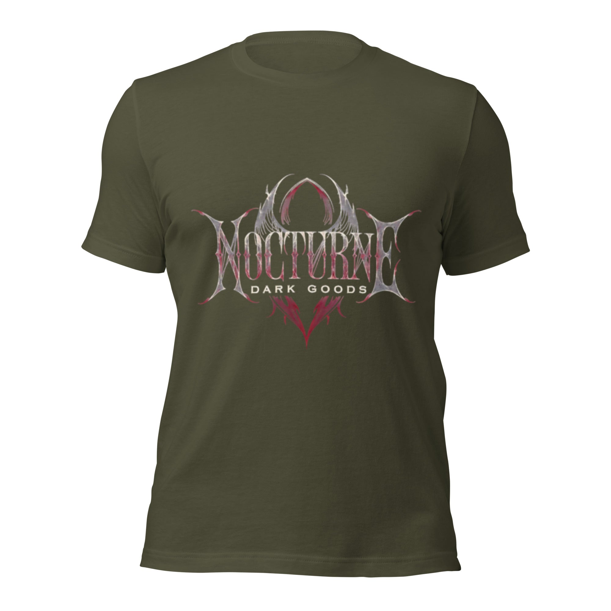 Military green unisex graphic T-shirt, front print with gothic emblem