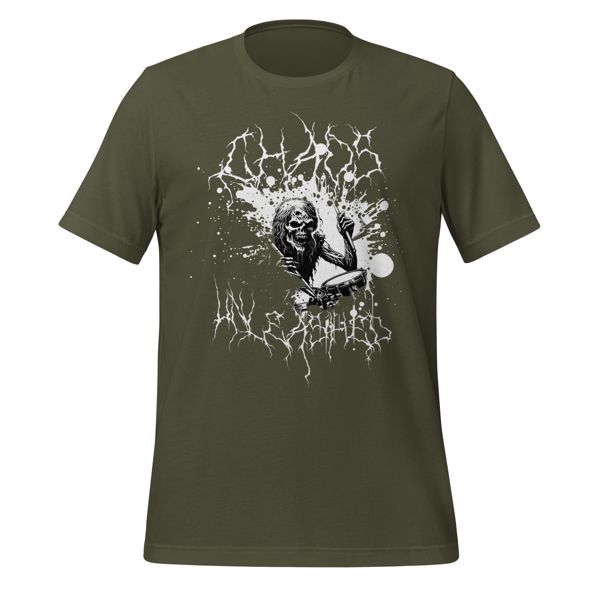 Men's military green graphic T-shirt with white skull and lightning front print