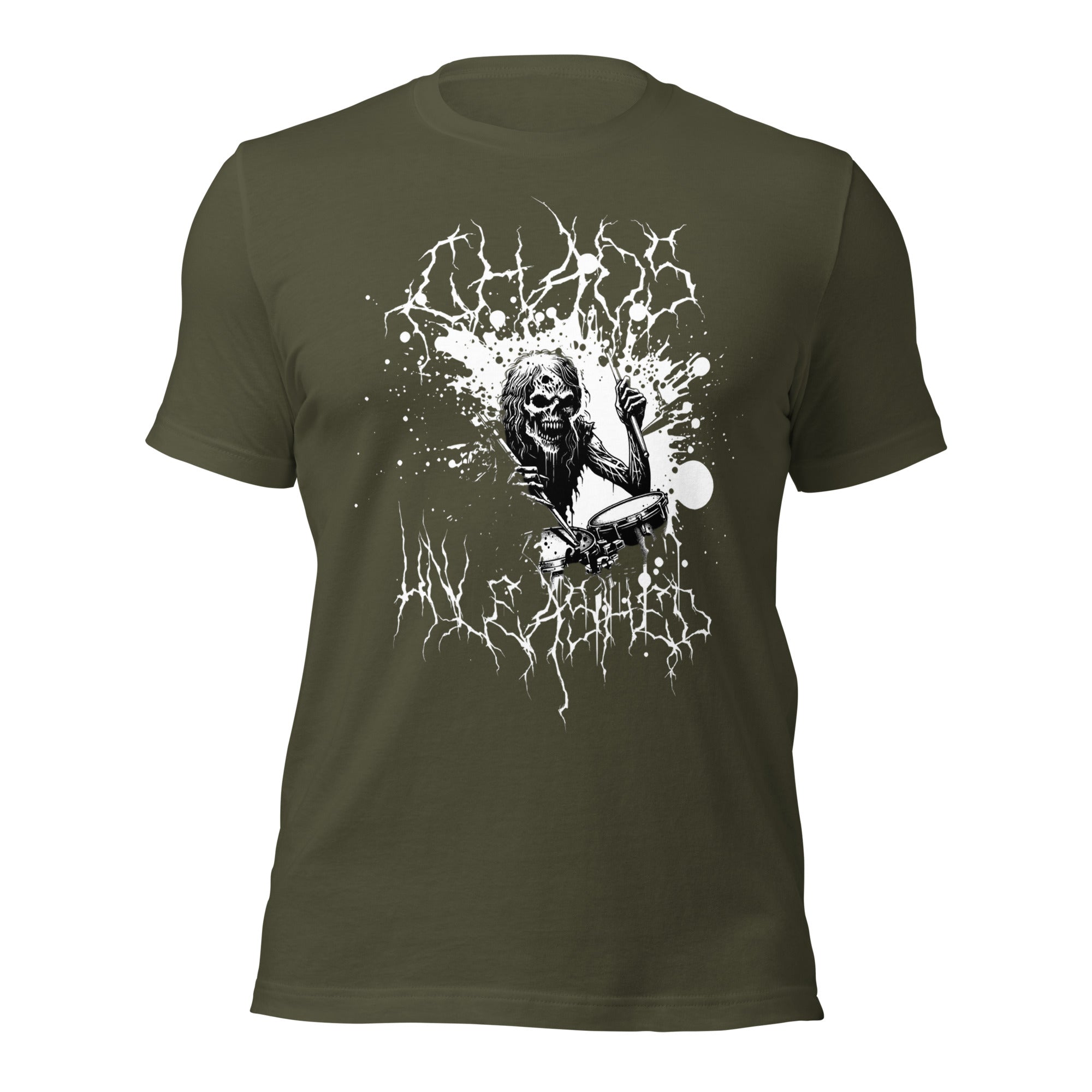 Women’s military green graphic t-shirt with white skull-and-lightning design
