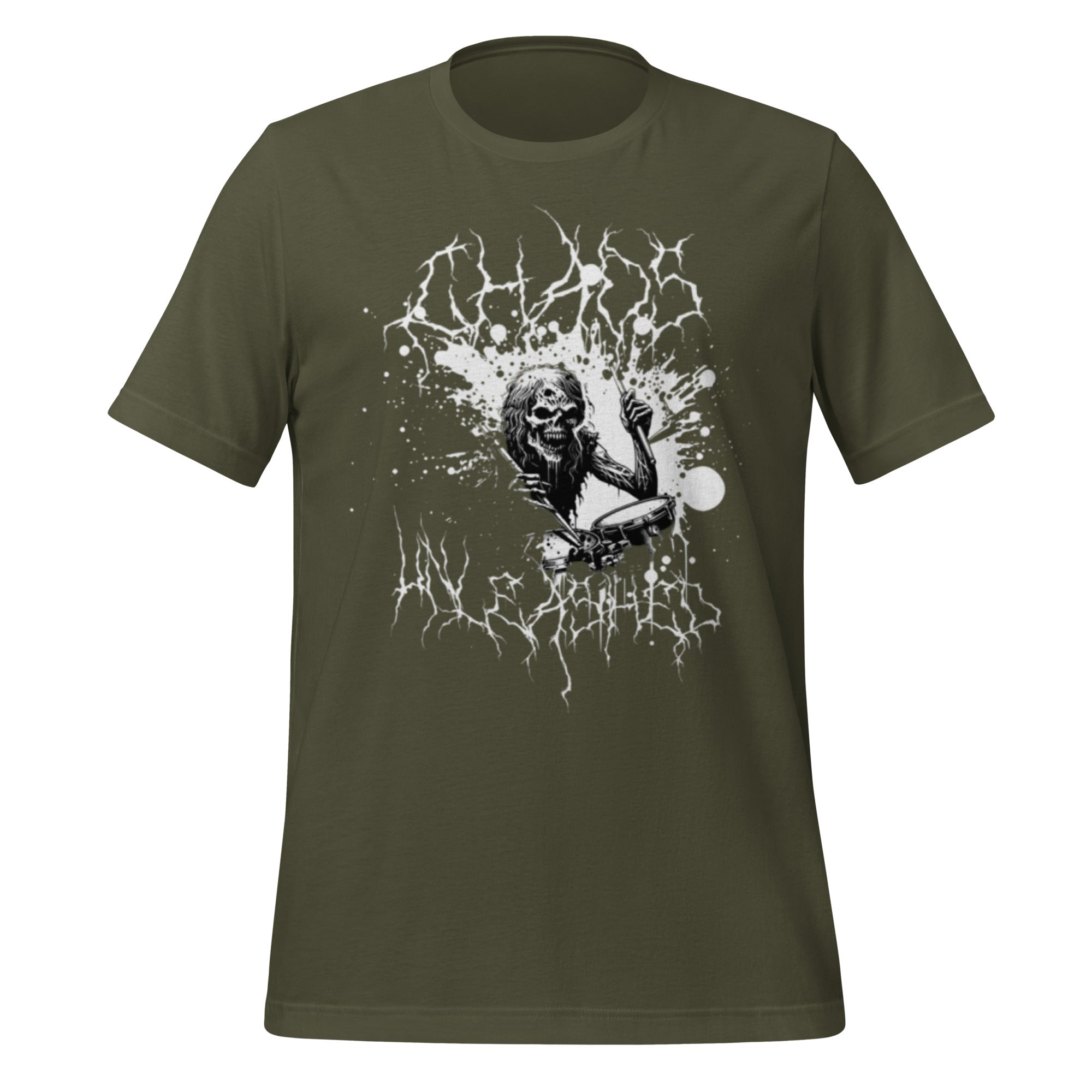 Unisex military green T-shirt with skull drummer splash graphic on chest.