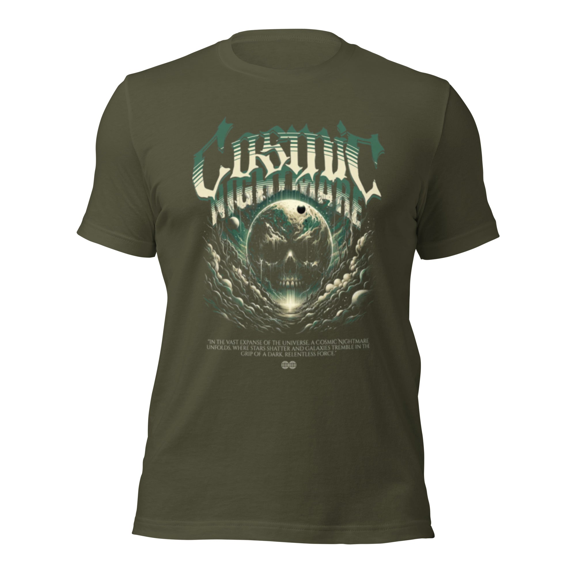Unisex graphic T-shirt, military green, front print skull and winged emblem graphic