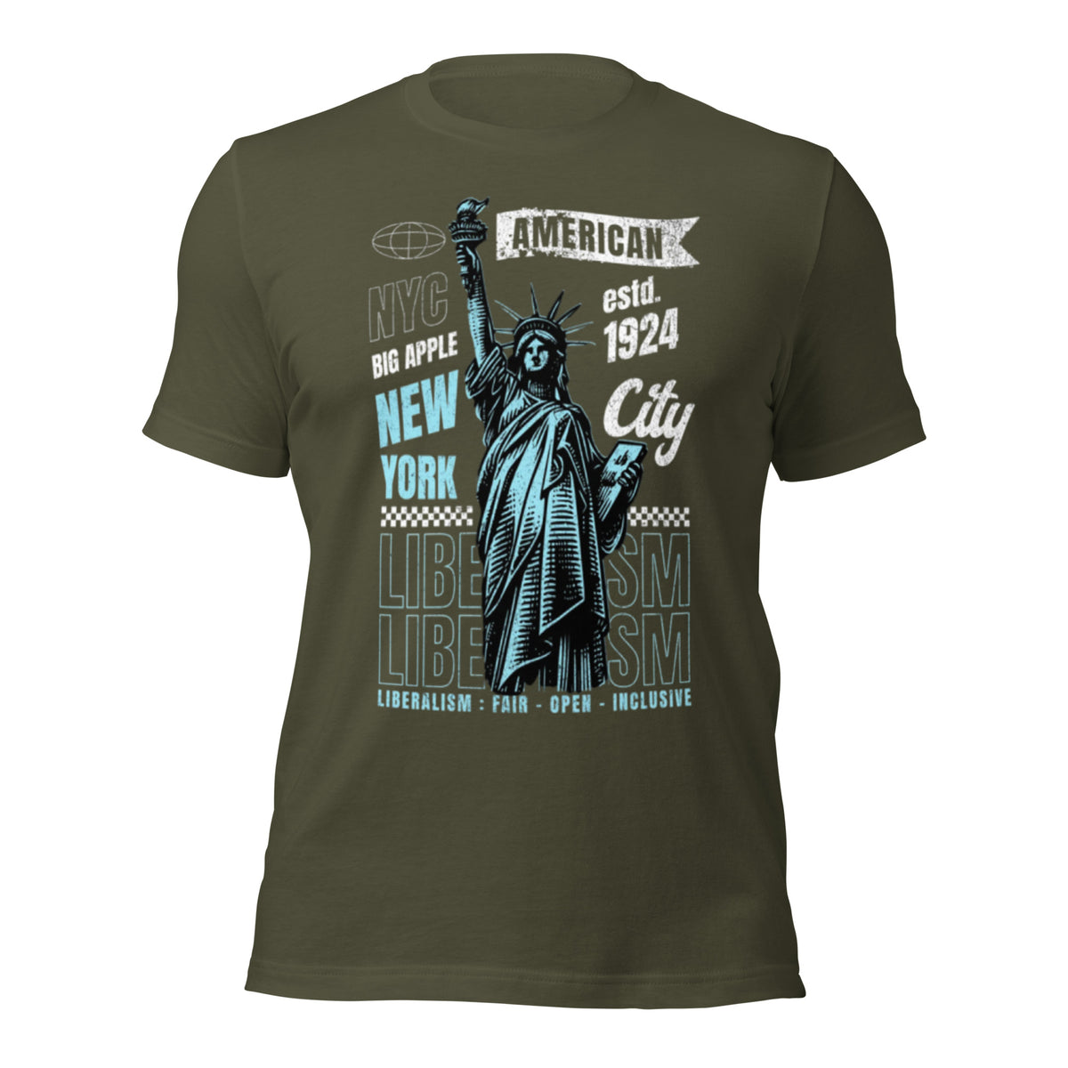 Women’s graphic tee in military green with Statue of Liberty and NYC typography print on front.
