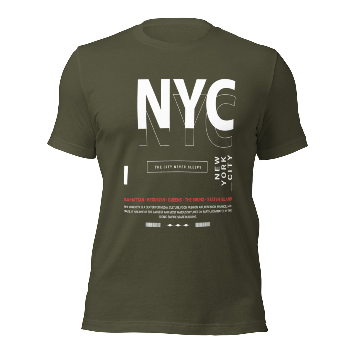 Women's NYC graphic tee, military green, front view with large white NYC print