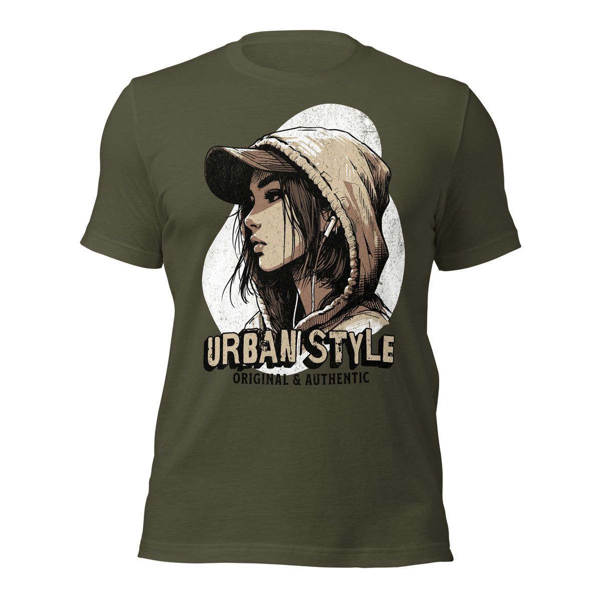 Women's military green graphic tee with hooded portrait print and URBANSTYLE text