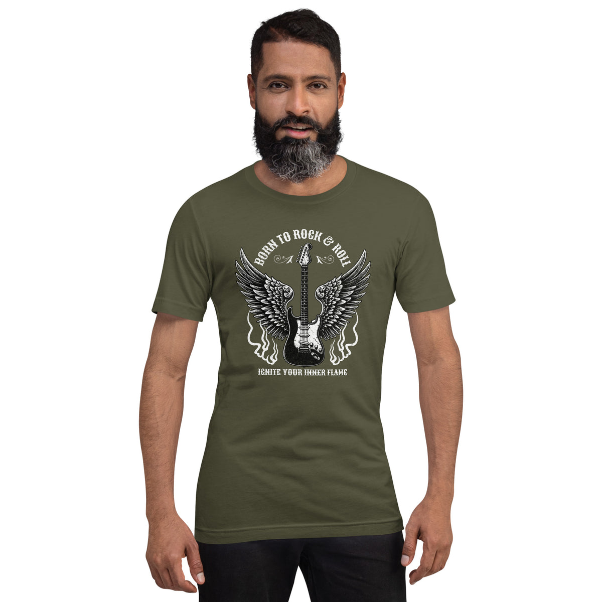 Military green graphic guitar tee with winged emblem, crew neck, short sleeves