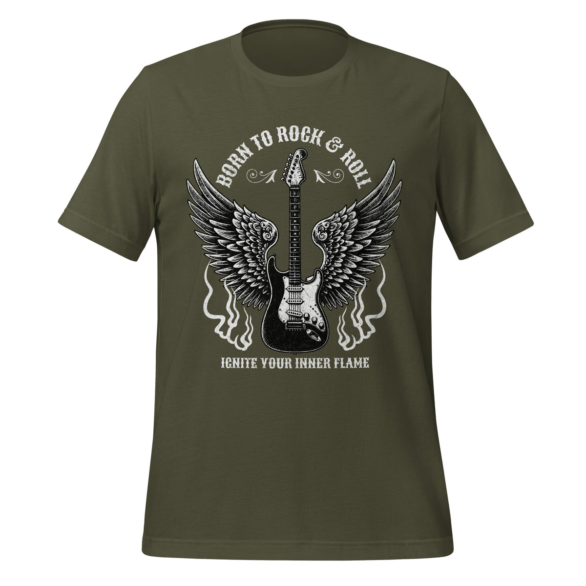 Military green graphic tee with guitar-and-wings front print
