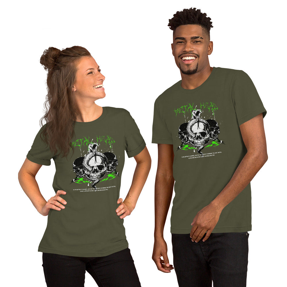 Metal head graphic tee in military green on model, front neon skull graphic