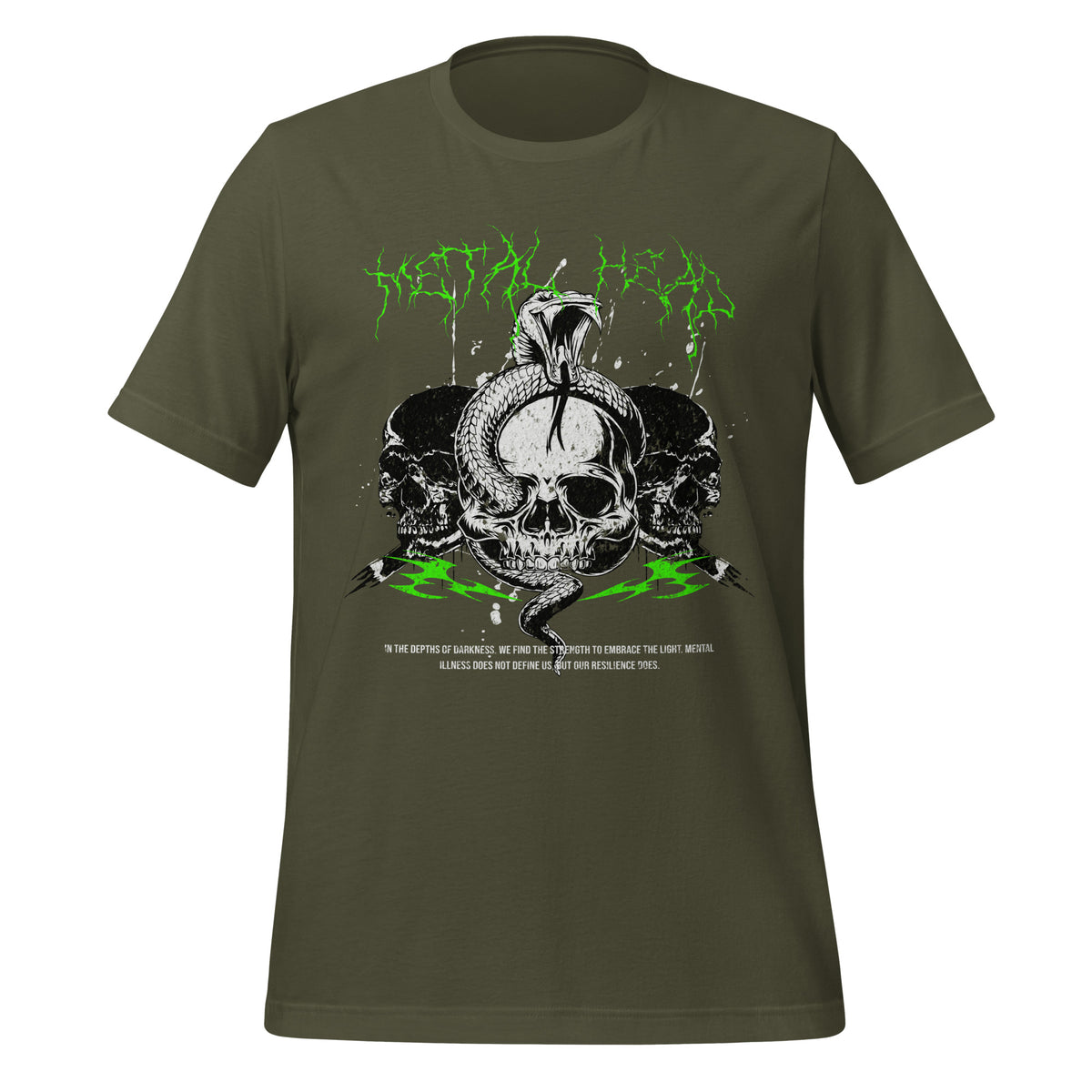 Metal head graphic tee in military green with neon skull front graphic