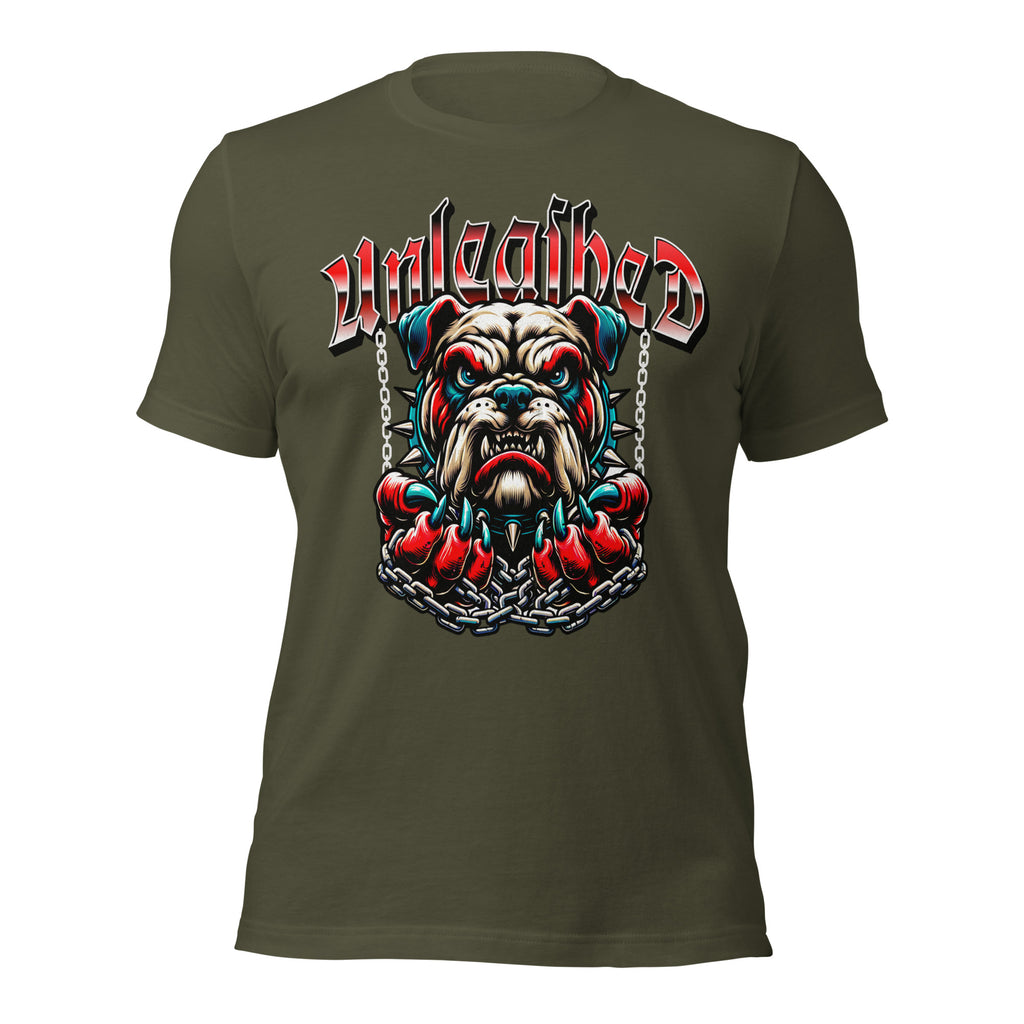 Unleashed graphic tee, military green; front bulldog graphic with chains