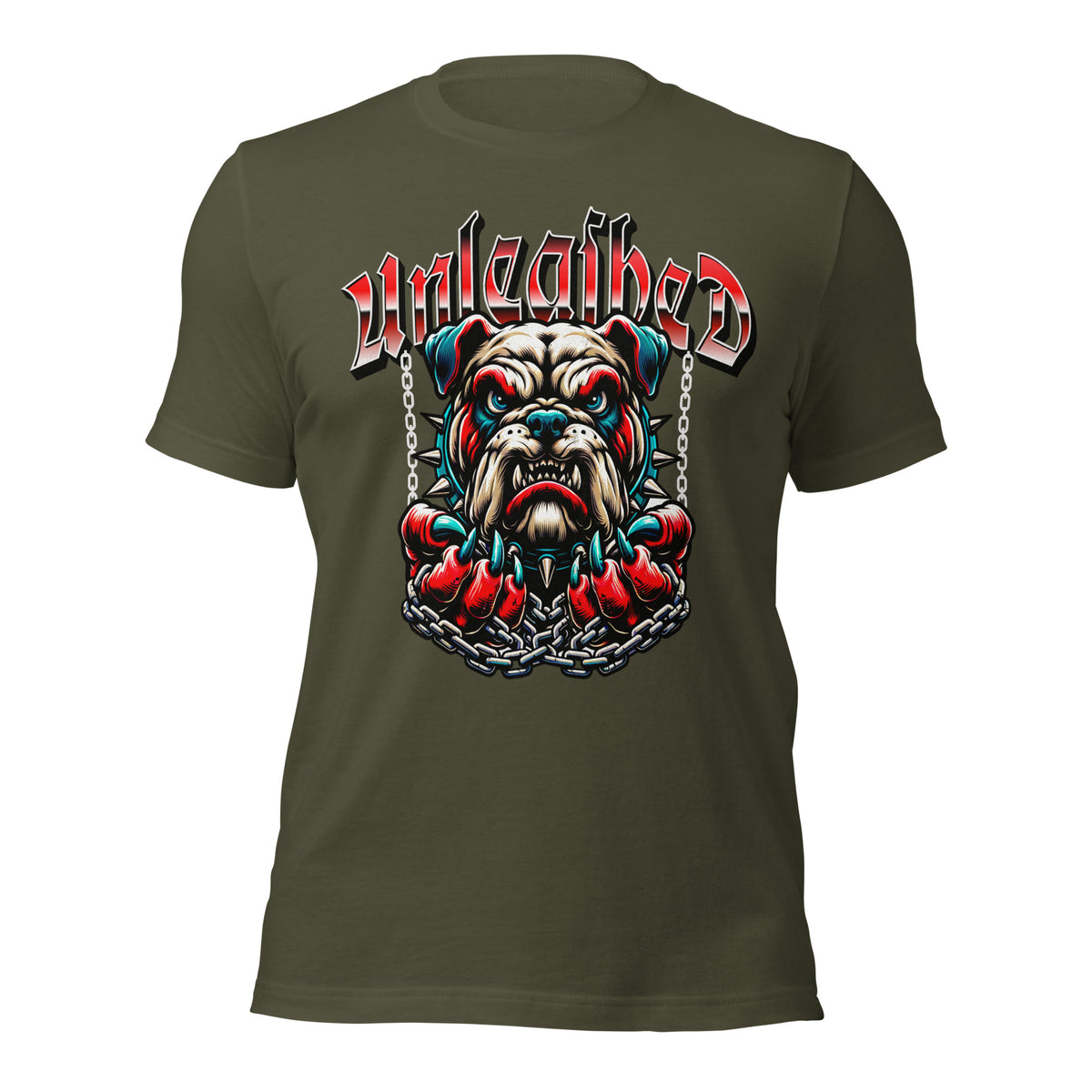 Unleashed graphic tee, military green; front bulldog graphic with chains
