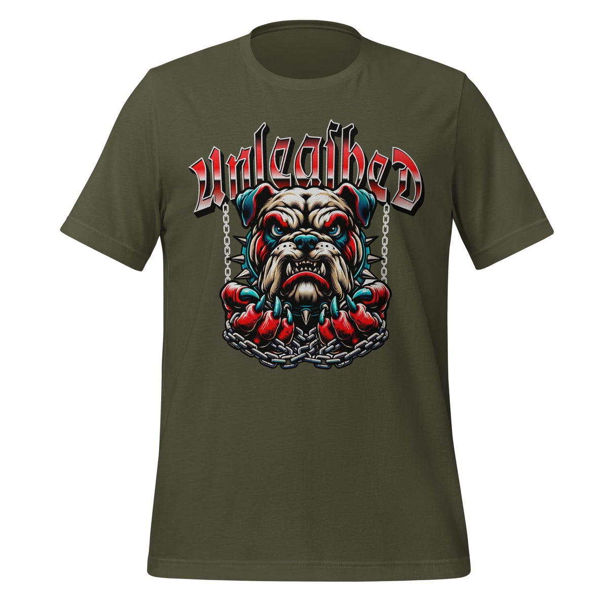 Military green unisex crewneck T-shirt with snarling dog face graphic and chains.