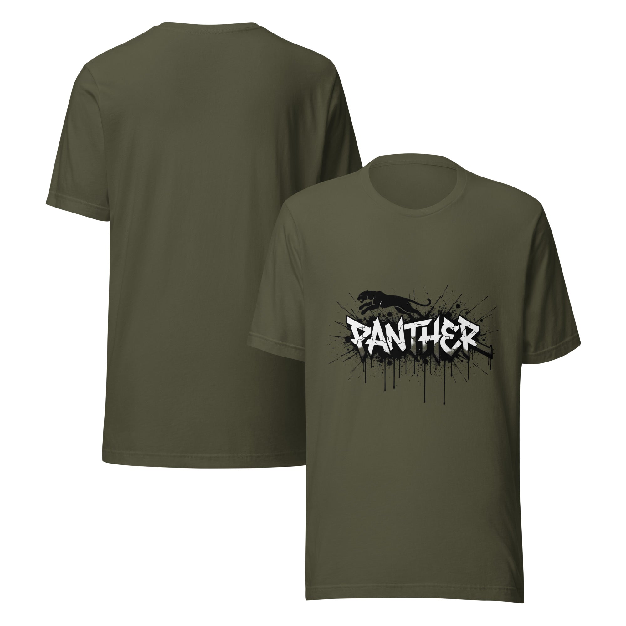Men's military green t-shirt with 'PANTHER' panther graphic on the front