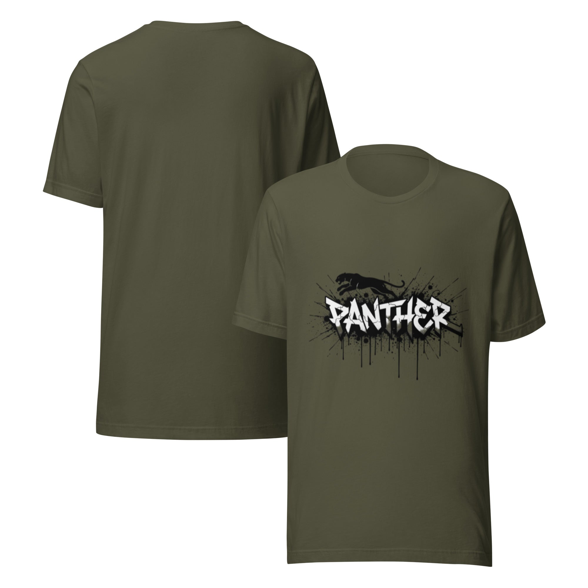 Unisex graffiti panther T-shirt, military green, front graphic and crew neck