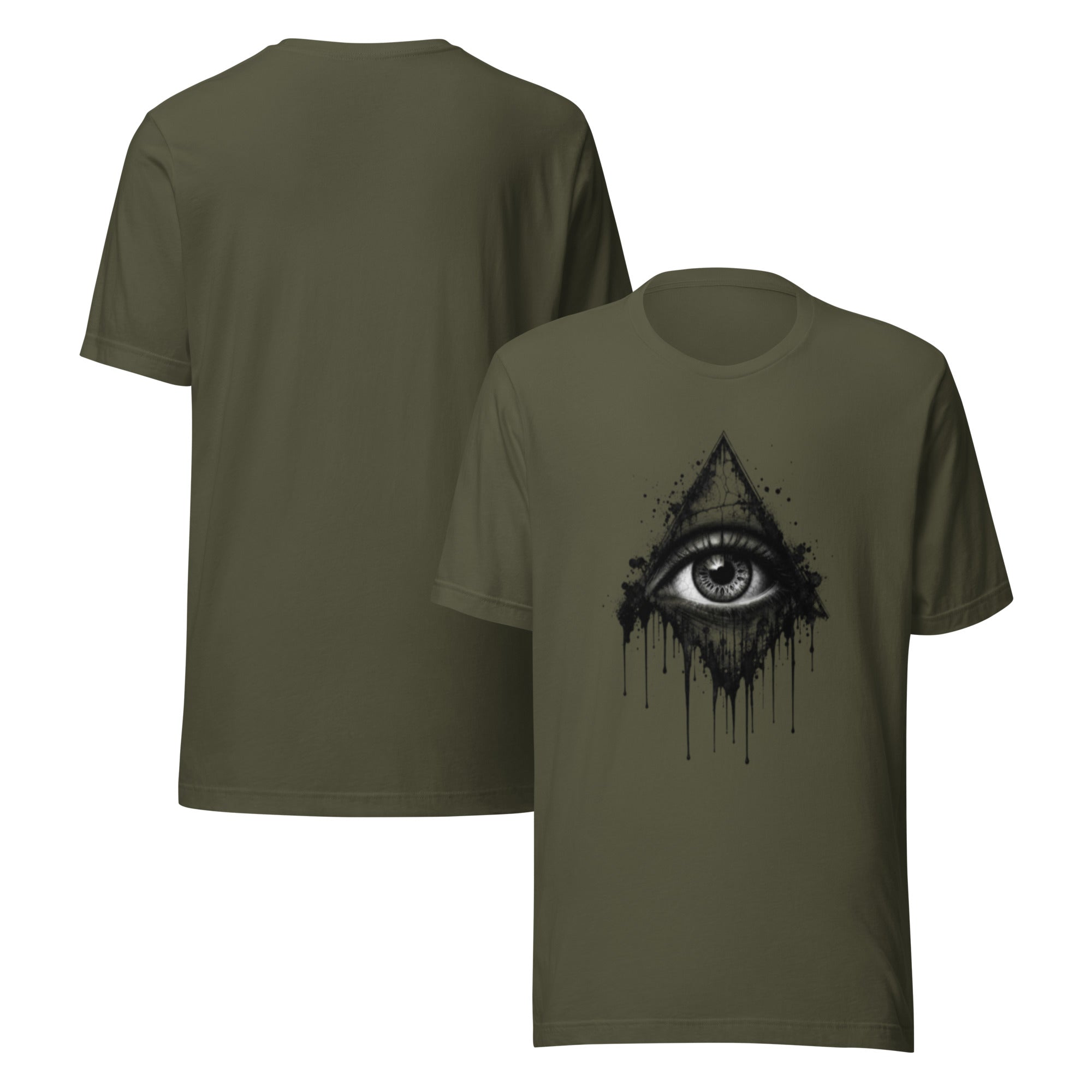 Women's military green T-shirt set; one shows black eye drip graphic