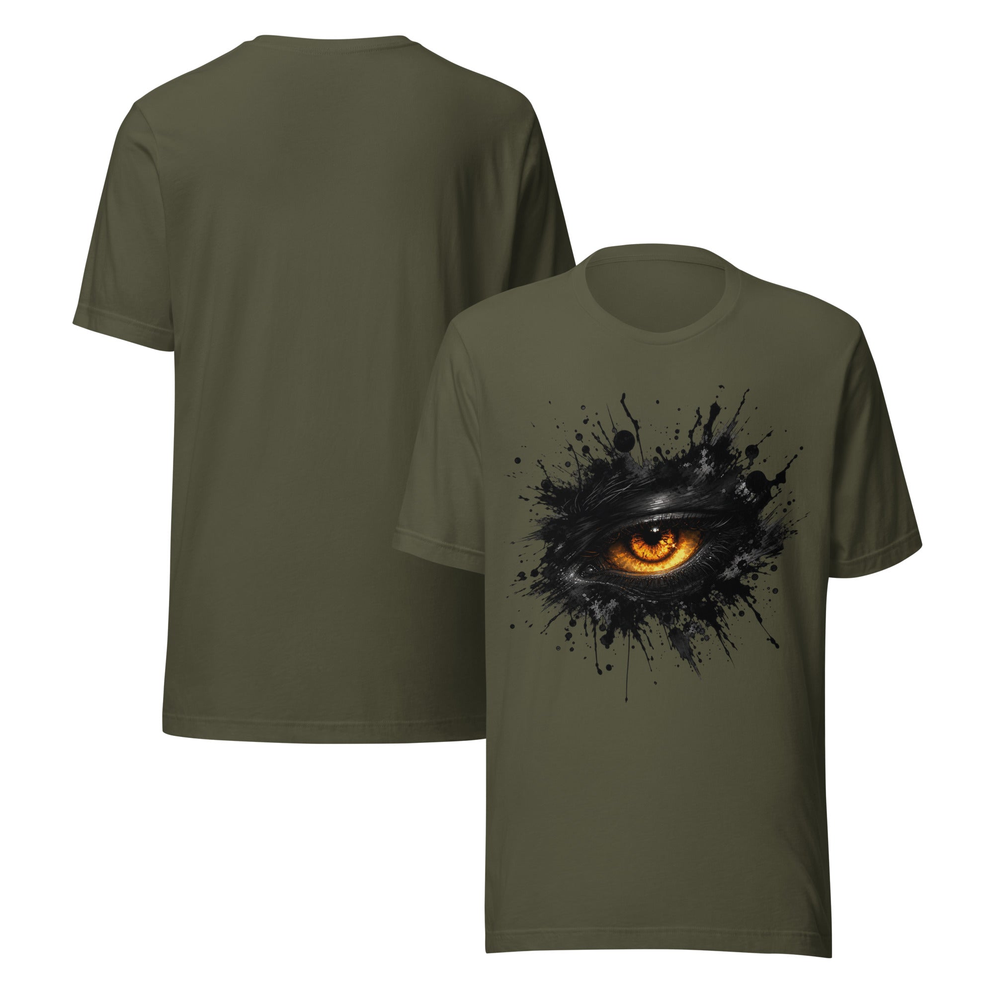 Military green men's T-shirts showing back view and front with glowing eye ink splash