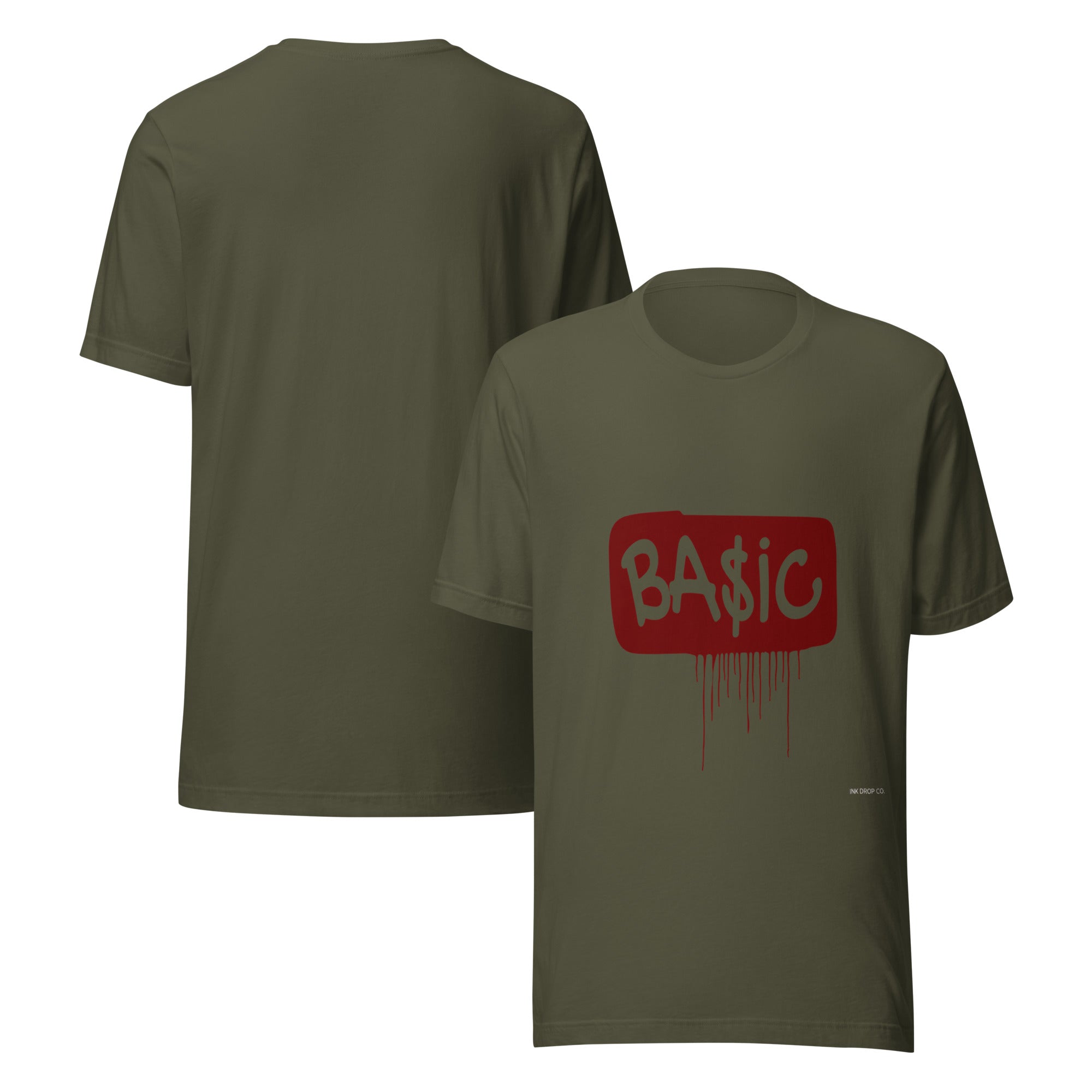 Women's graphic t-shirt, military green with red BA$IC logo print on front