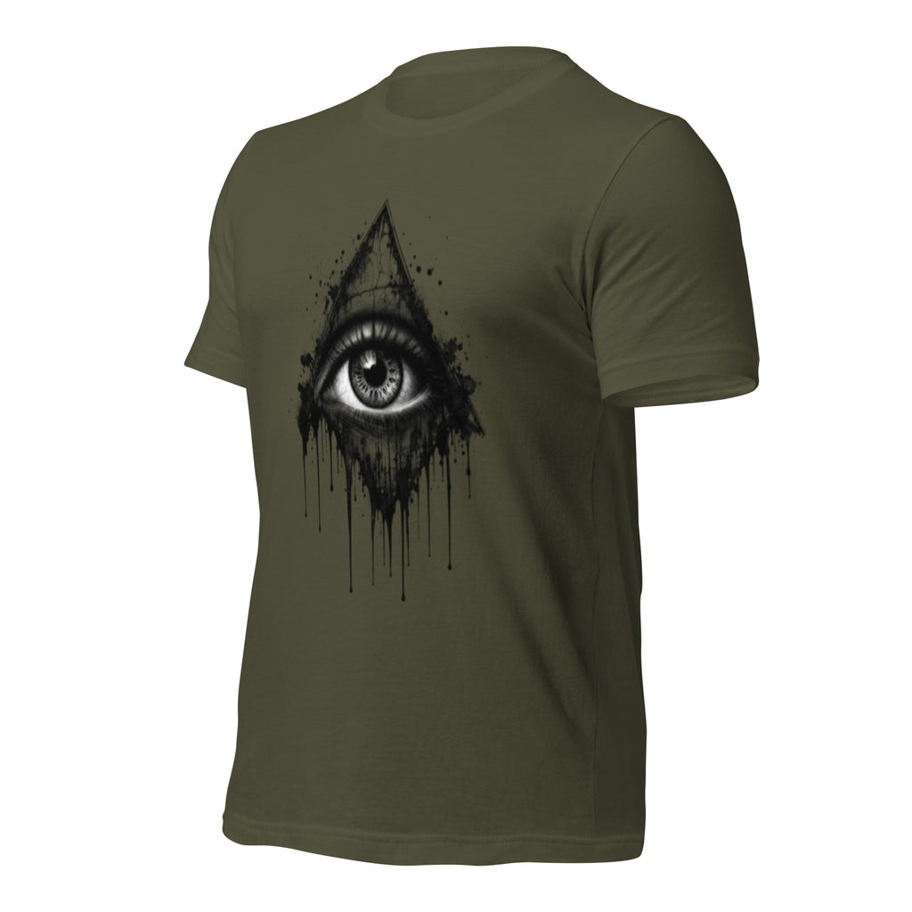 Women's military green T-shirt with all-seeing eye drip graphic on front